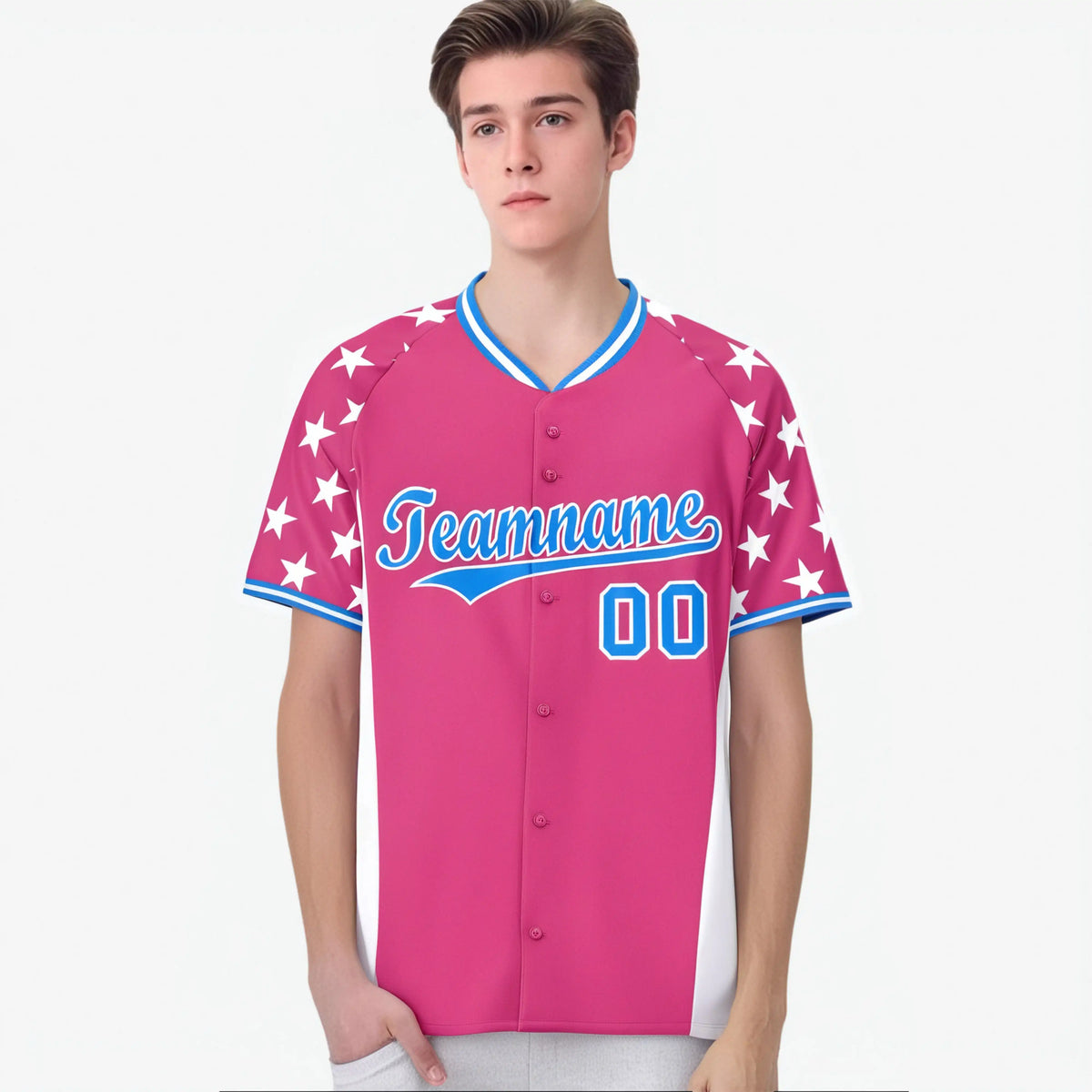 Custom Pink Powder Blue Gradient Side Personalized Star Pattern Authentic Baseball Jersey