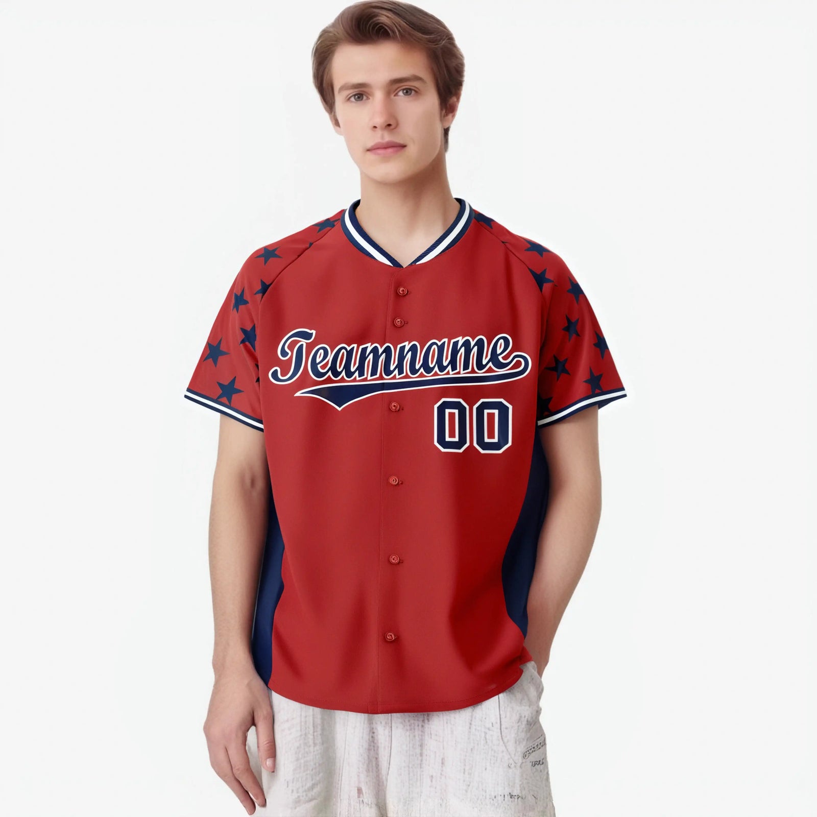 Custom Red Navy Gradient Side Personalized Star Pattern Authentic Baseball Jersey