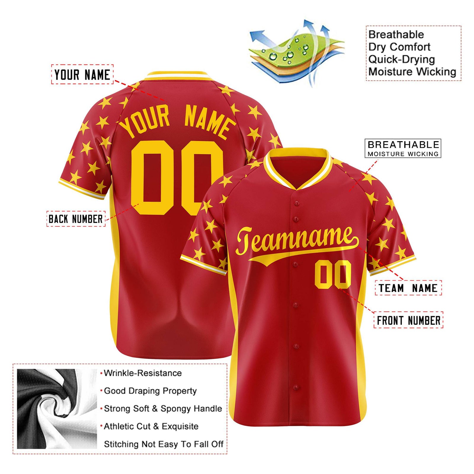 Custom Red Yellow Gradient Side Personalized Star Pattern Authentic Baseball Jersey