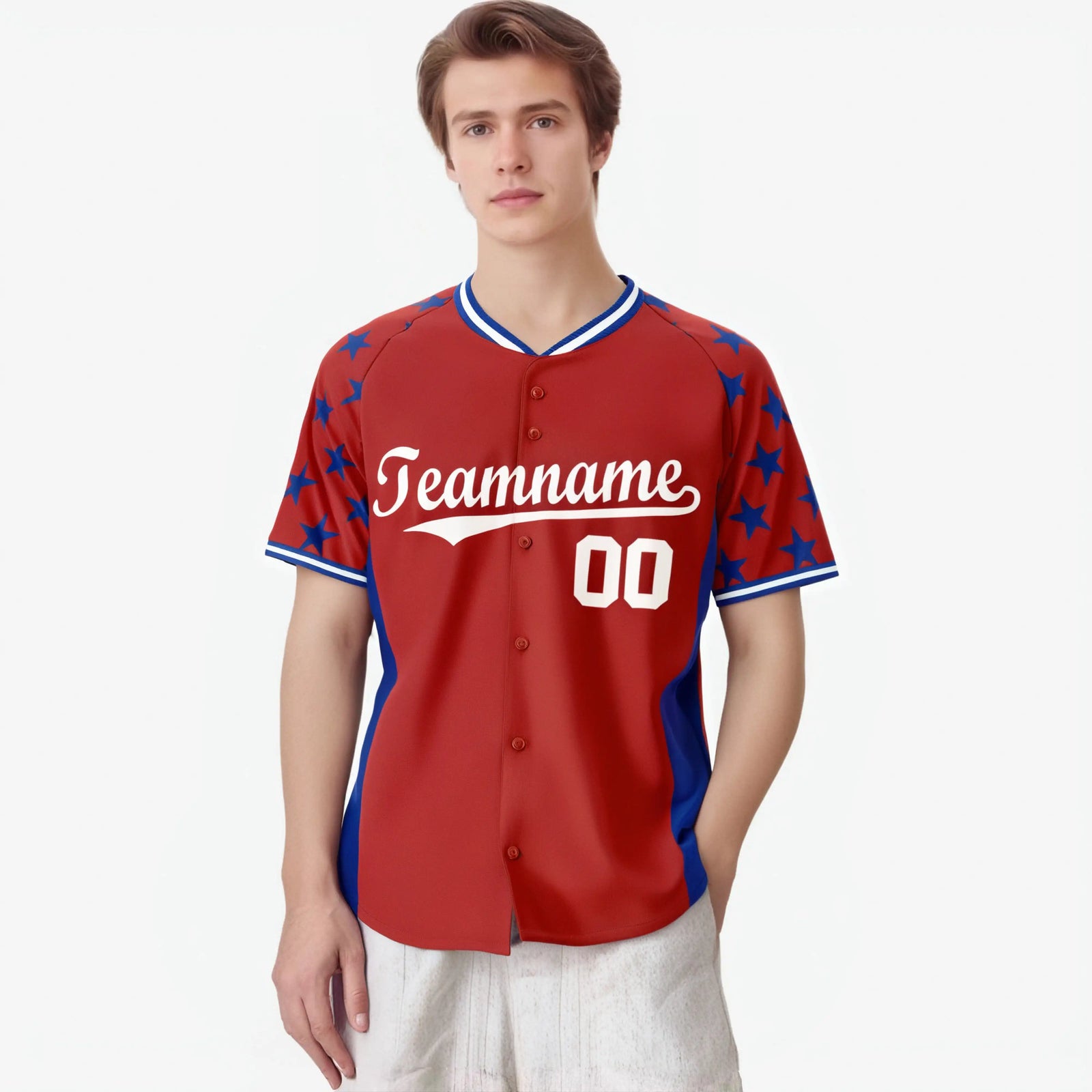 Custom Red Royal Blue Gradient Side Personalized Star Pattern Authentic Baseball Jersey