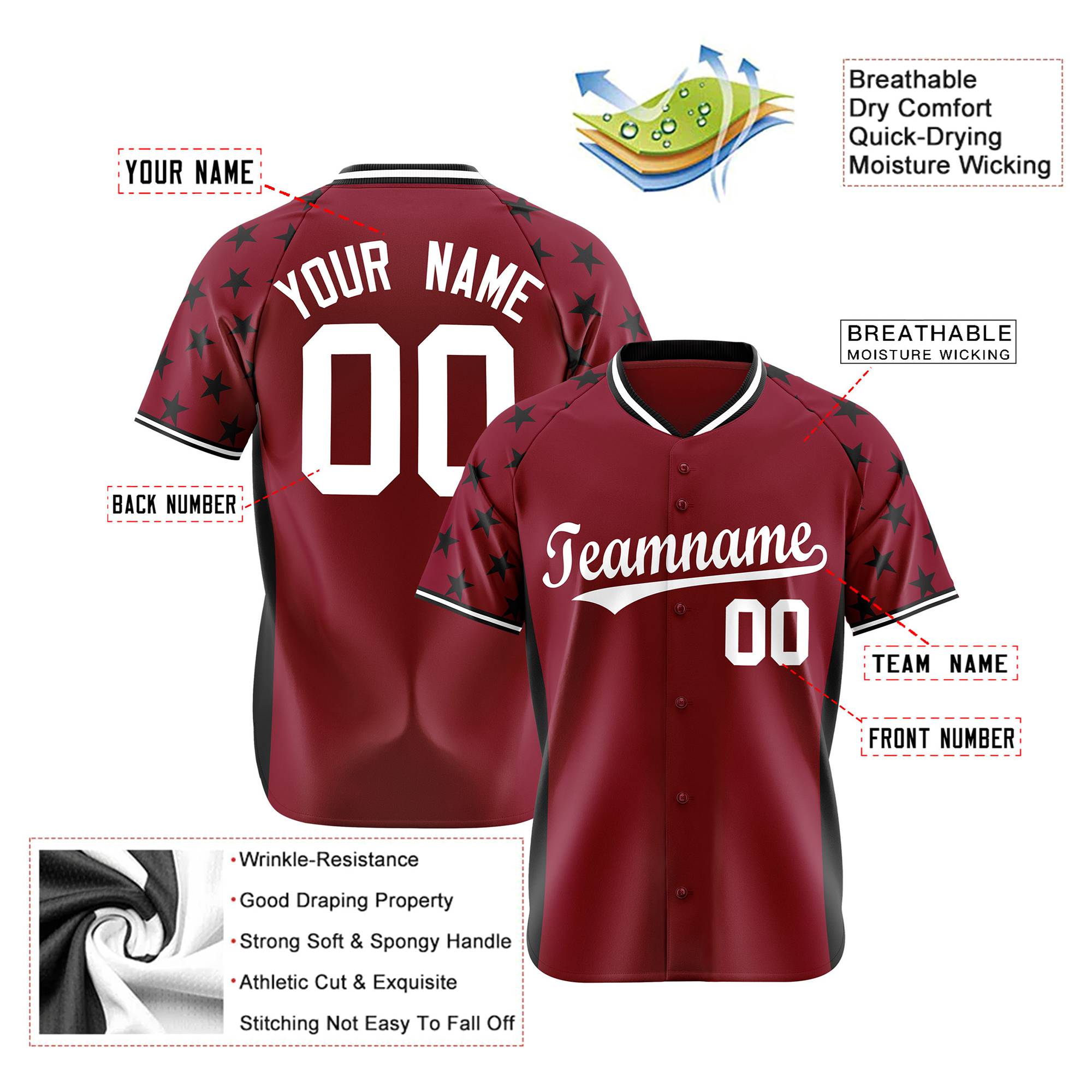 Custom Crimson Black Gradient Side Personalized Star Pattern Authentic Baseball Jersey