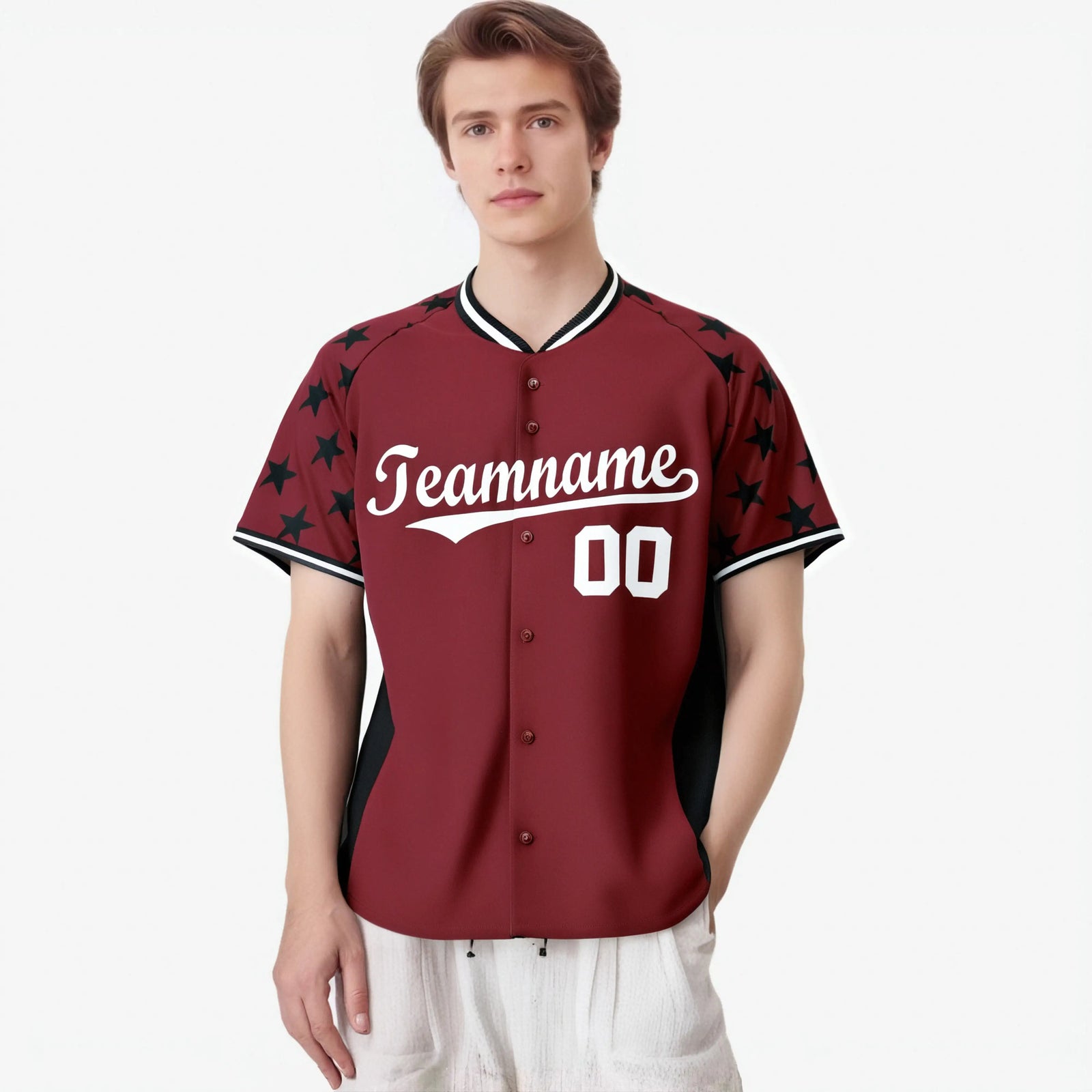 Custom Crimson Black Gradient Side Personalized Star Pattern Authentic Baseball Jersey