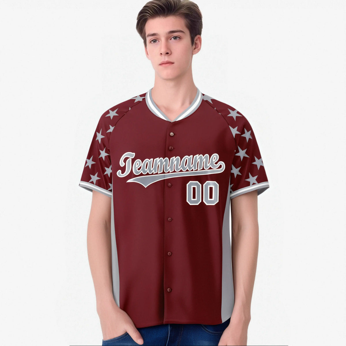 Custom Crimson Gray Gradient Side Personalized Star Pattern Authentic Baseball Jersey