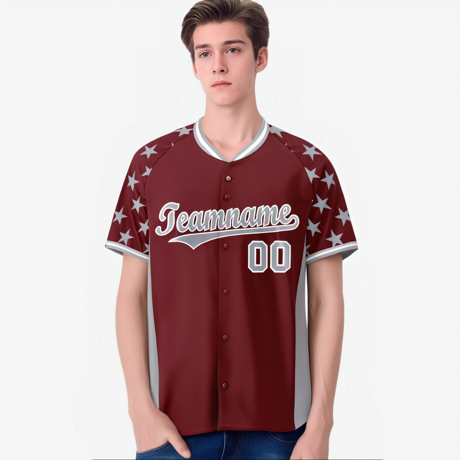 Custom Crimson Gray Gradient Side Personalized Star Pattern Authentic Baseball Jersey