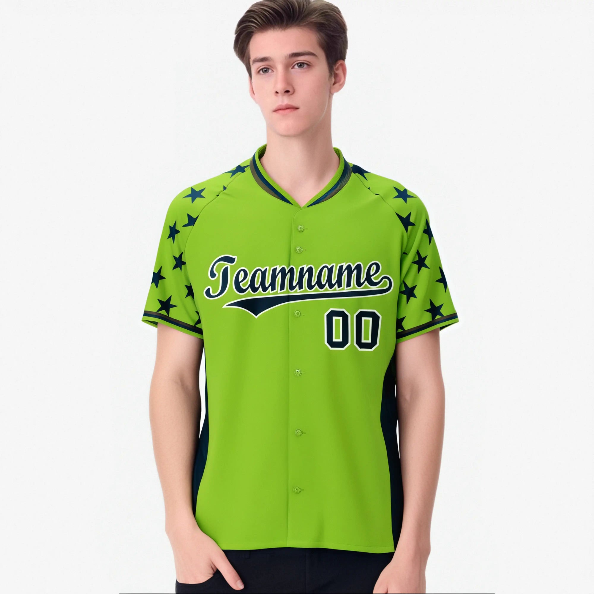 Custom Neon Green Navy Gradient Side Personalized Star Pattern Authentic Baseball Jersey