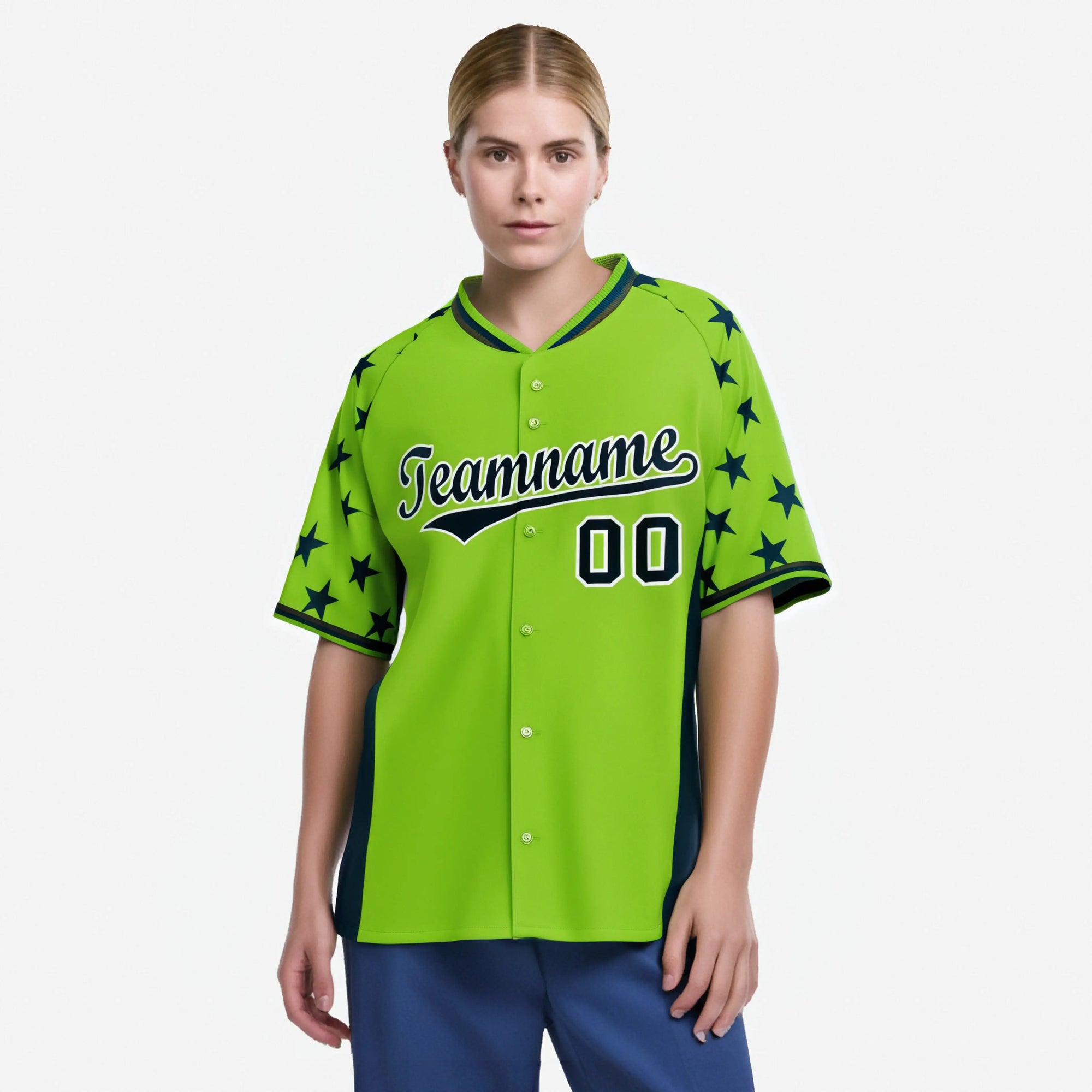 Custom Neon Green Navy Gradient Side Personalized Star Pattern Authentic Baseball Jersey