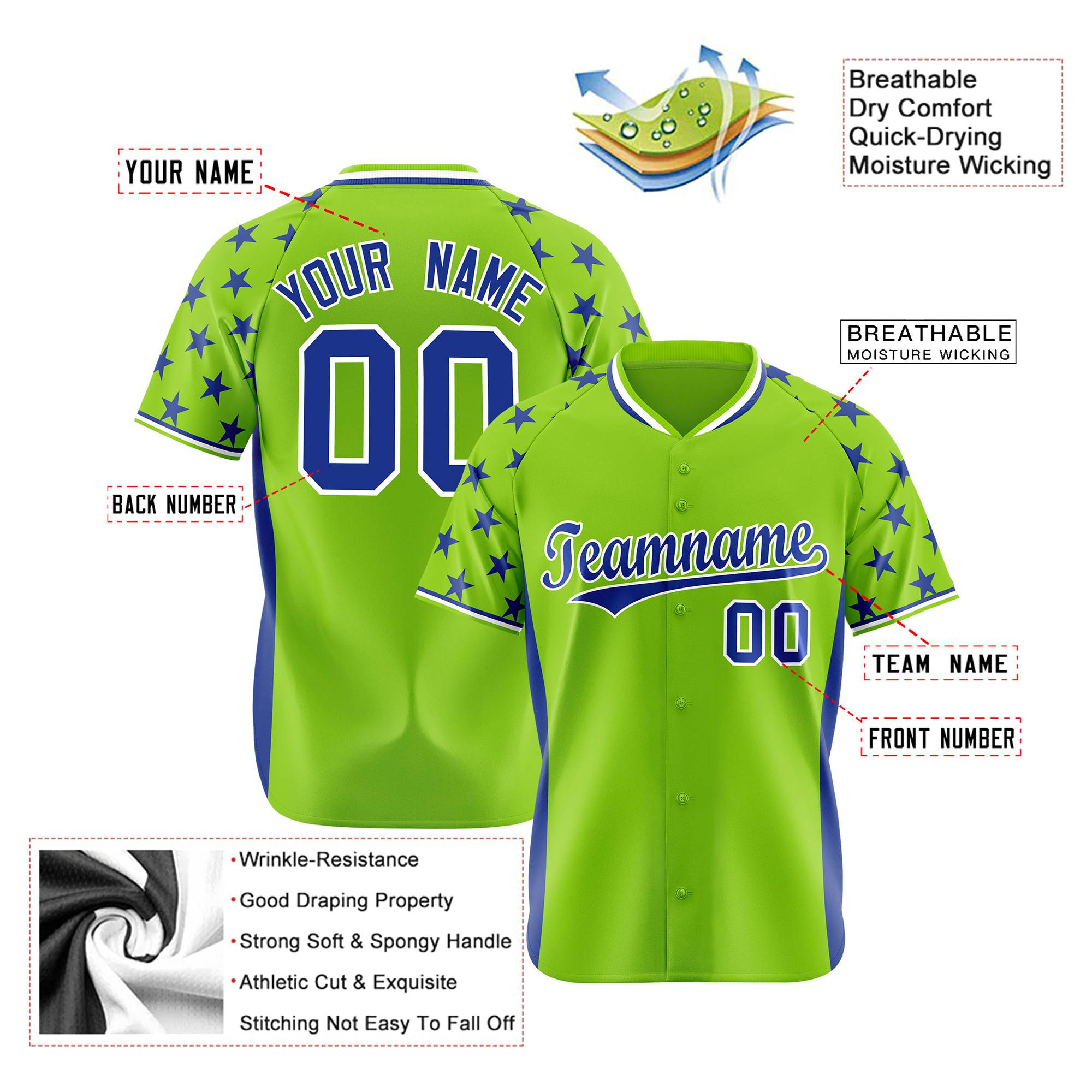 Custom Neon Green Royal Blue Gradient Side Personalized Star Pattern Authentic Baseball Jersey