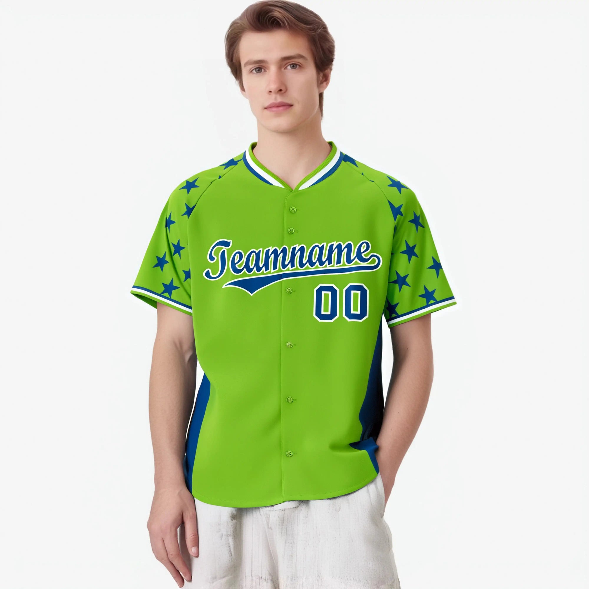 Custom Neon Green Royal Blue Gradient Side Personalized Star Pattern Authentic Baseball Jersey