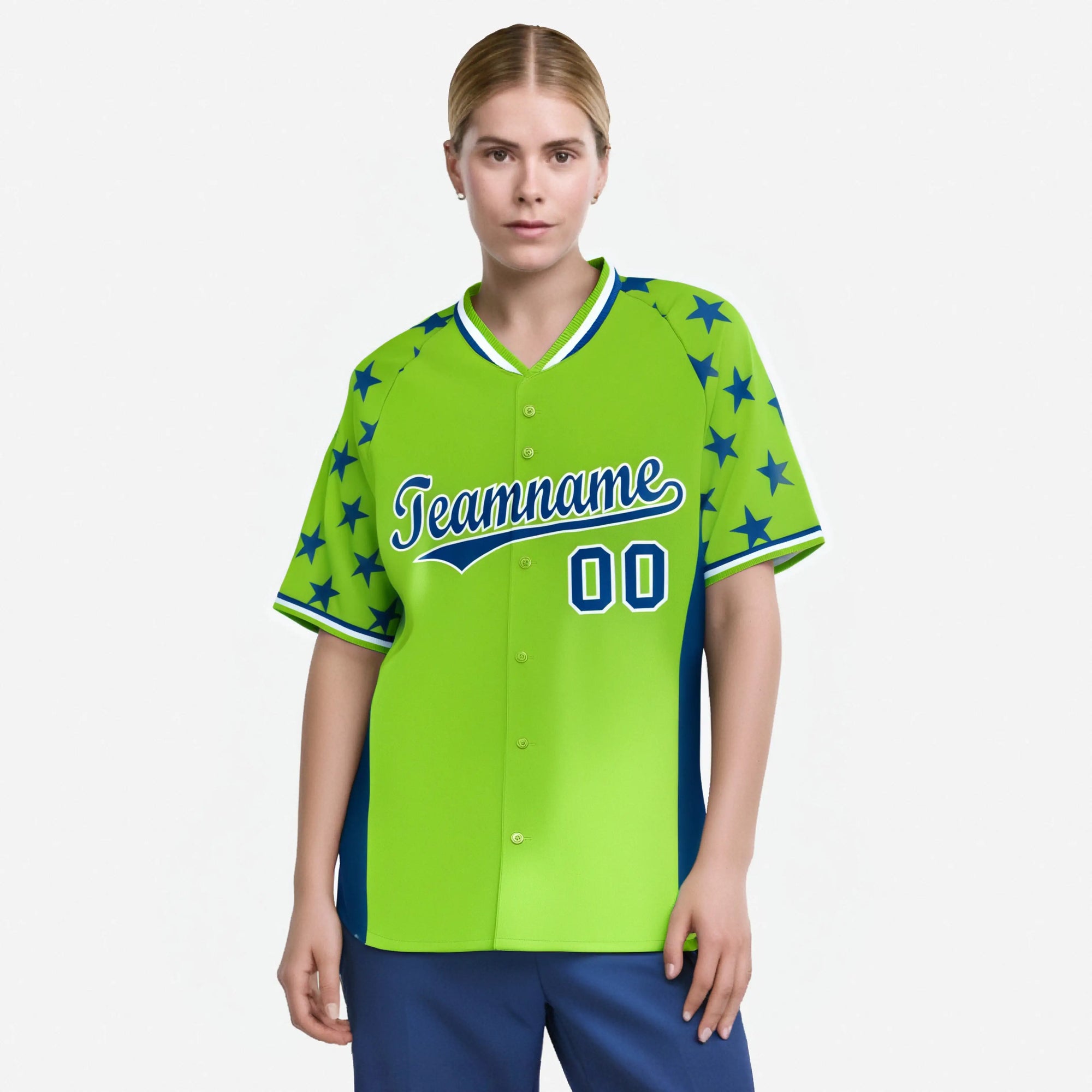 Custom Neon Green Royal Blue Gradient Side Personalized Star Pattern Authentic Baseball Jersey