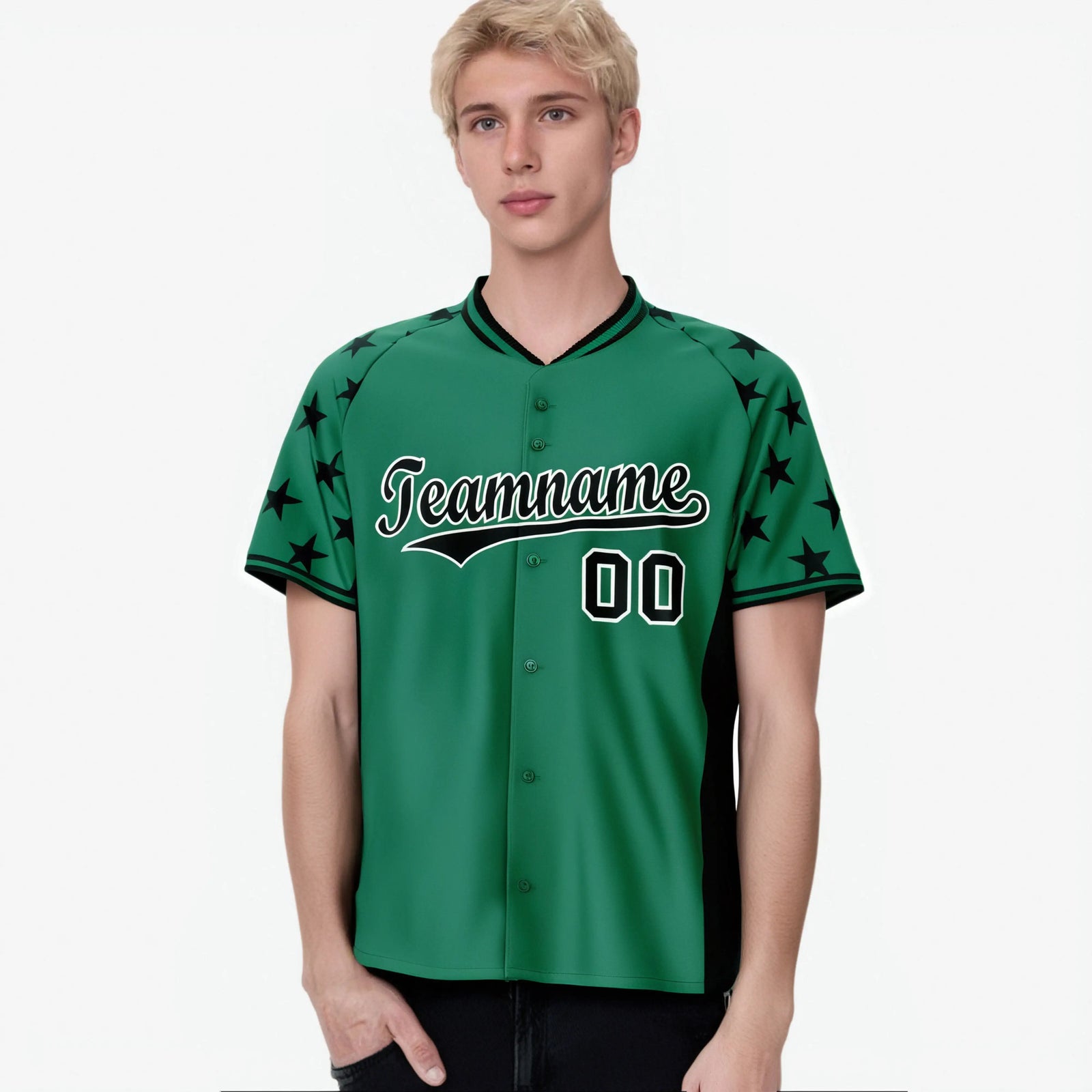 Custom Kelly Green Black Gradient Side Personalized Star Pattern Authentic Baseball Jersey