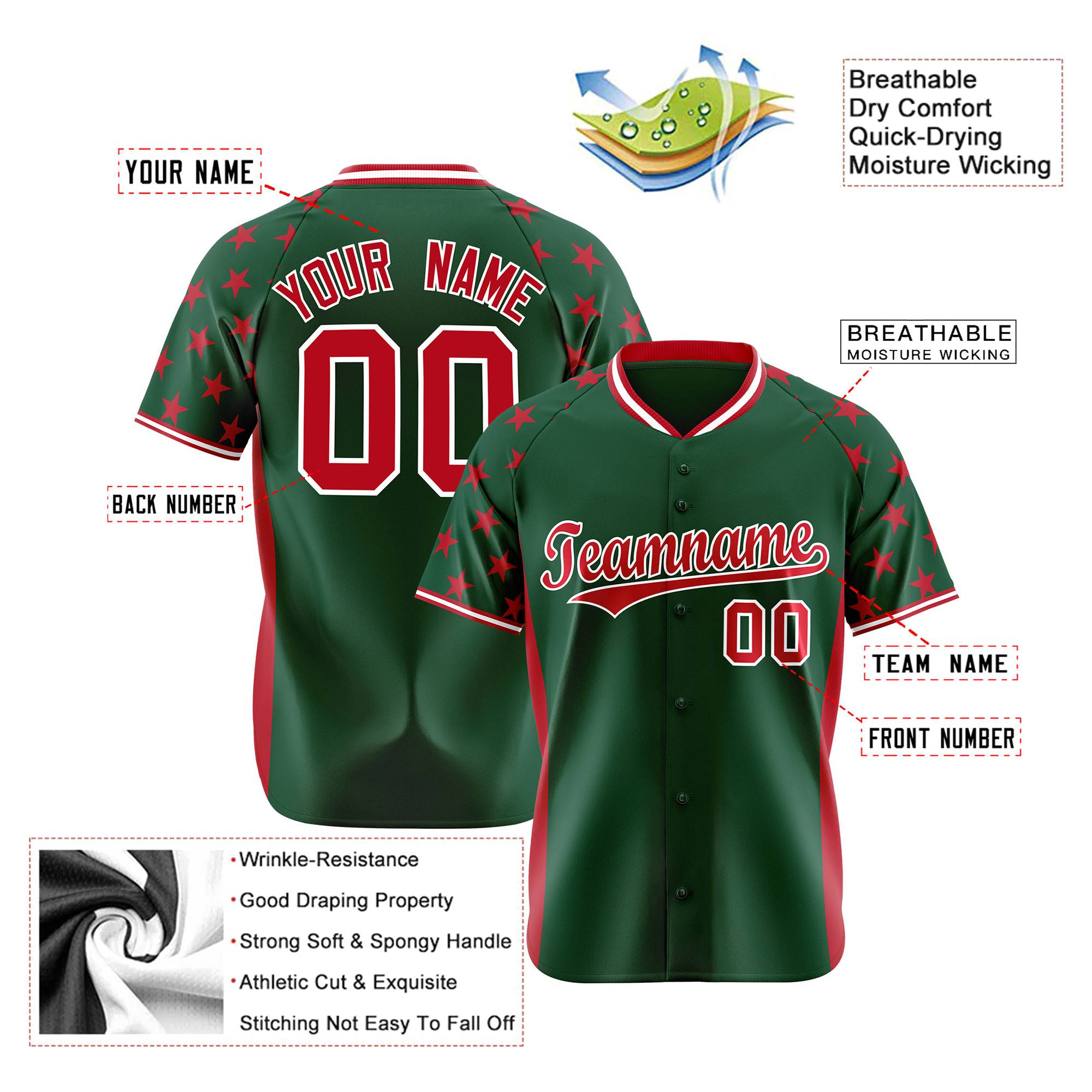 Custom Green Red Gradient Side Personalized Star Pattern Authentic Baseball Jersey