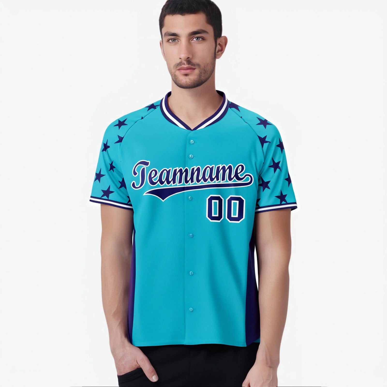 Custom Sky Blue Purple Gradient Side Personalized Star Pattern Authentic Baseball Jersey