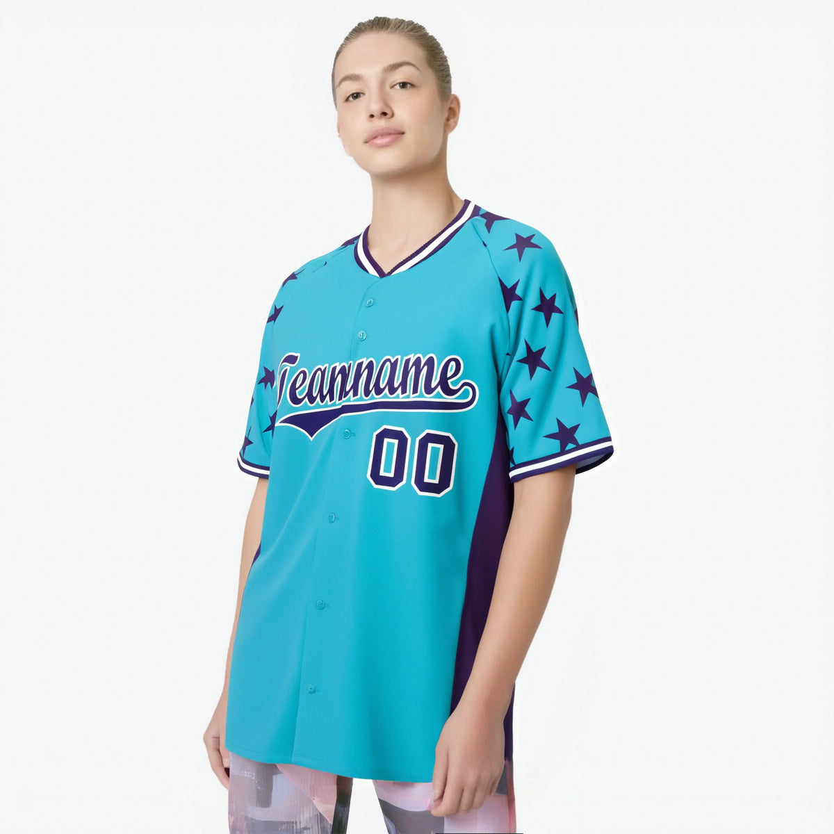 Custom Sky Blue Purple Gradient Side Personalized Star Pattern Authentic Baseball Jersey