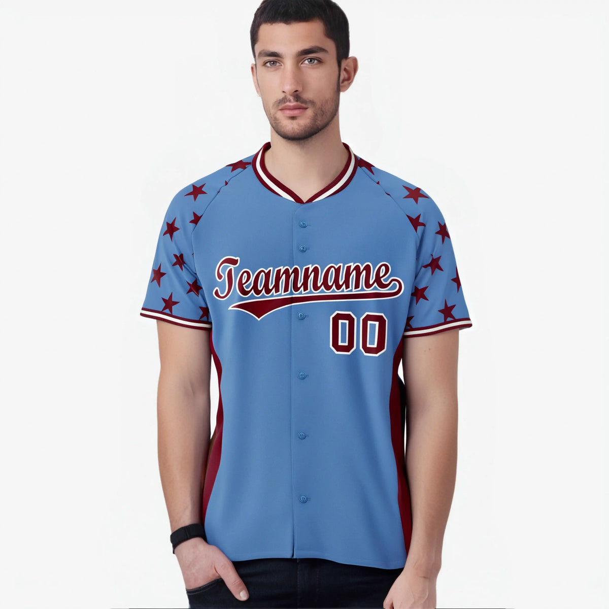 Custom Light Blue Crimson Gradient Side Personalized Star Pattern Authentic Baseball Jersey
