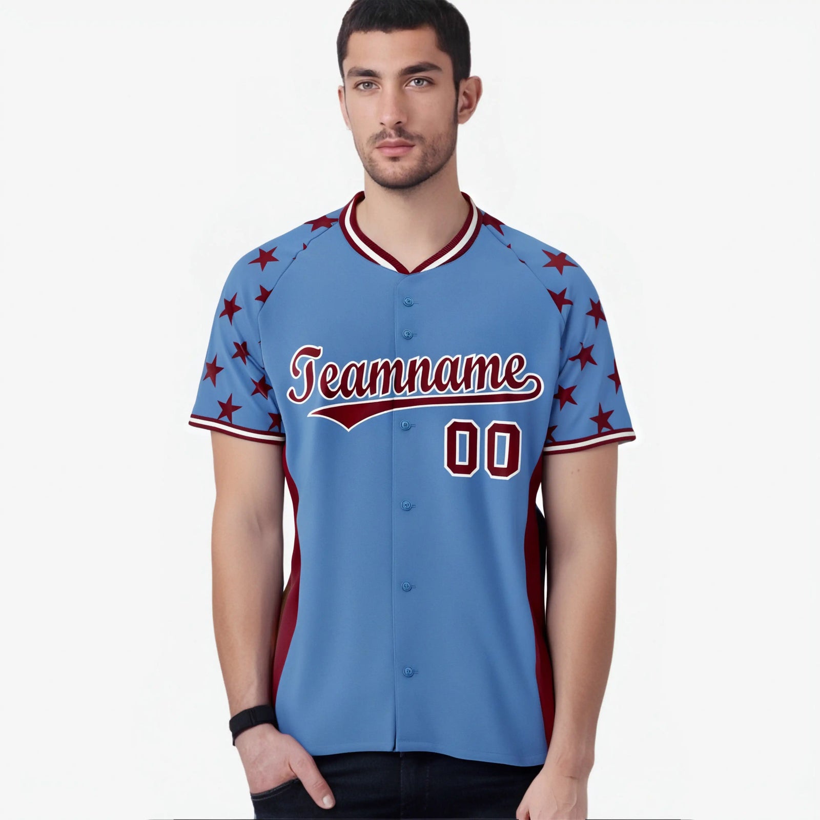 Custom Light Blue Crimson Gradient Side Personalized Star Pattern Authentic Baseball Jersey