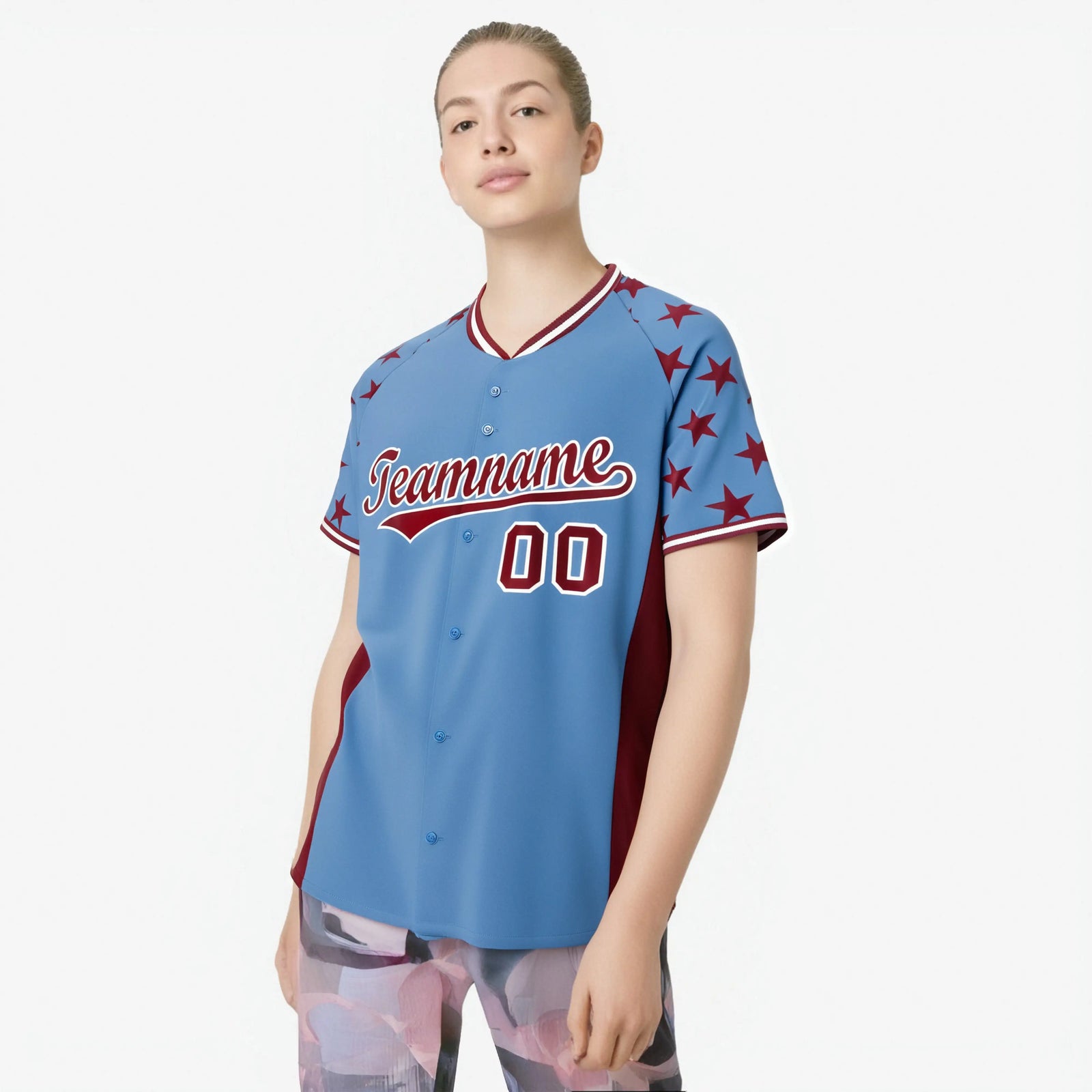 Custom Light Blue Crimson Gradient Side Personalized Star Pattern Authentic Baseball Jersey