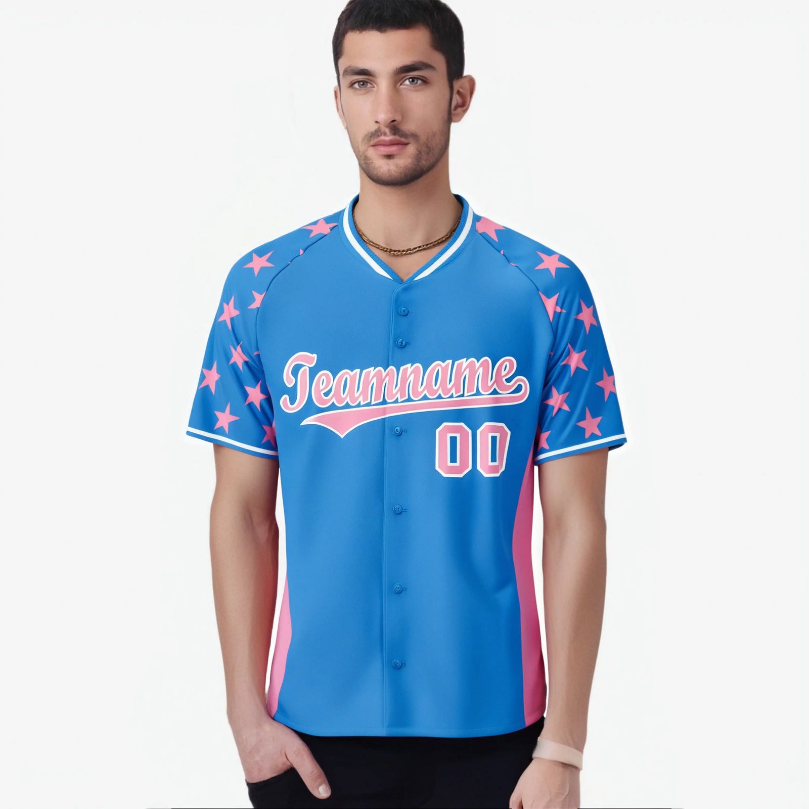 Custom Powder Blue Light Pink Gradient Side Personalized Star Pattern Authentic Baseball Jersey