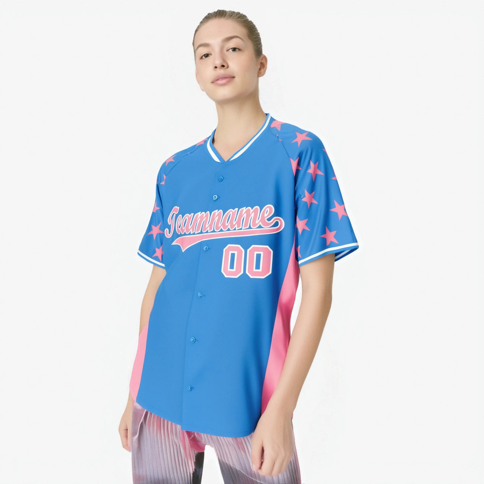 Custom Powder Blue Light Pink Gradient Side Personalized Star Pattern Authentic Baseball Jersey