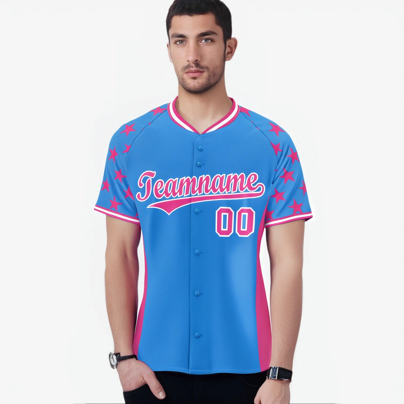 Custom Powder Blue Pink Gradient Side Personalized Star Pattern Authentic Baseball Jersey