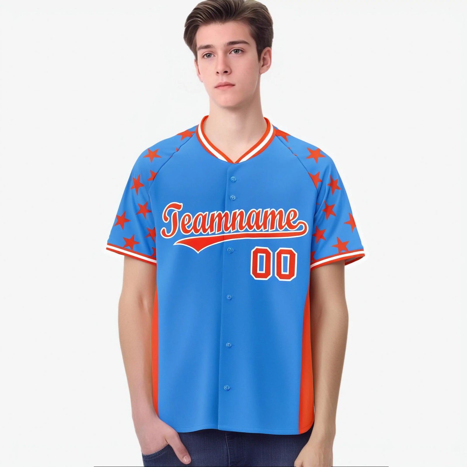 Custom Powder Blue Orange Gradient Side Personalized Star Pattern Authentic Baseball Jersey