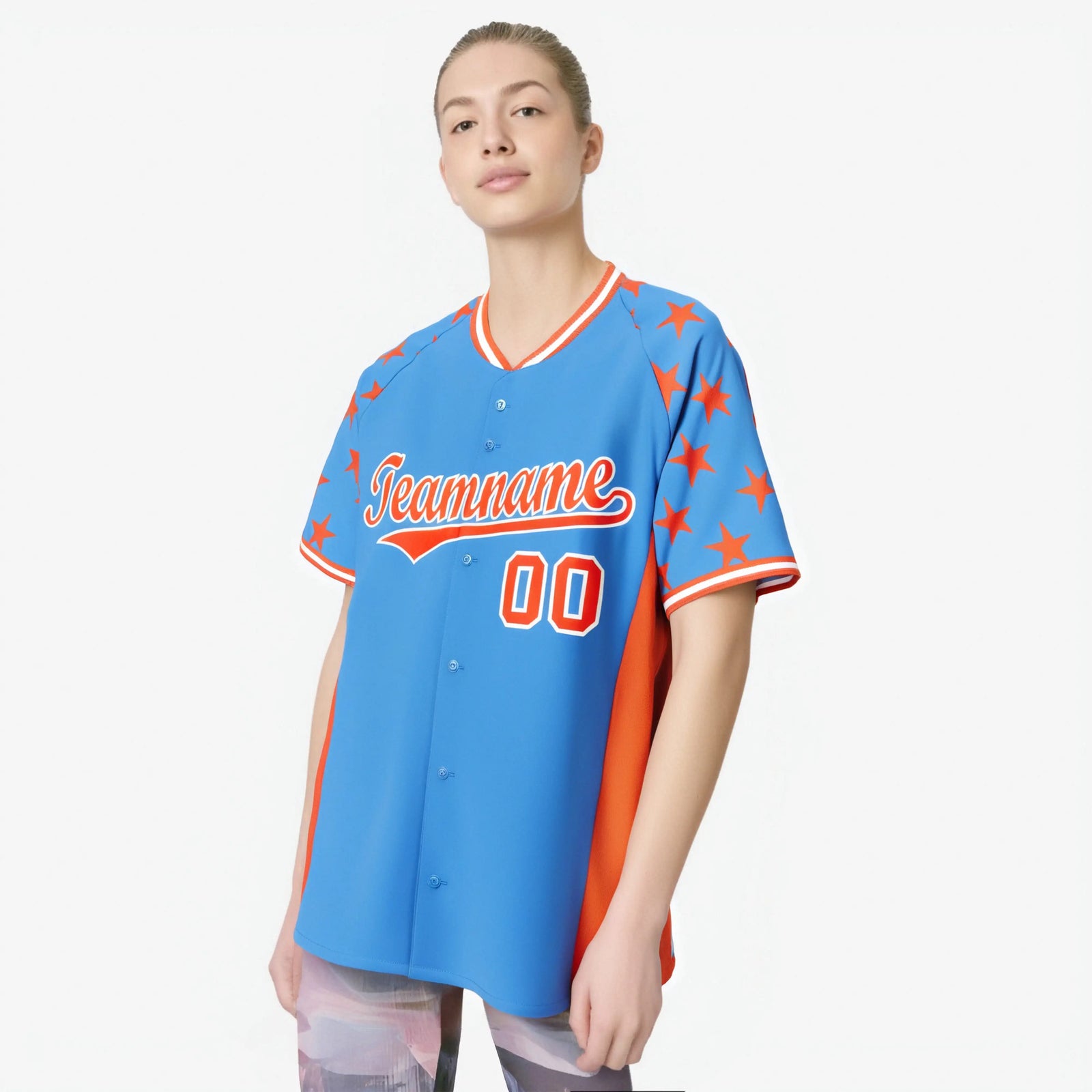 Custom Powder Blue Orange Gradient Side Personalized Star Pattern Authentic Baseball Jersey