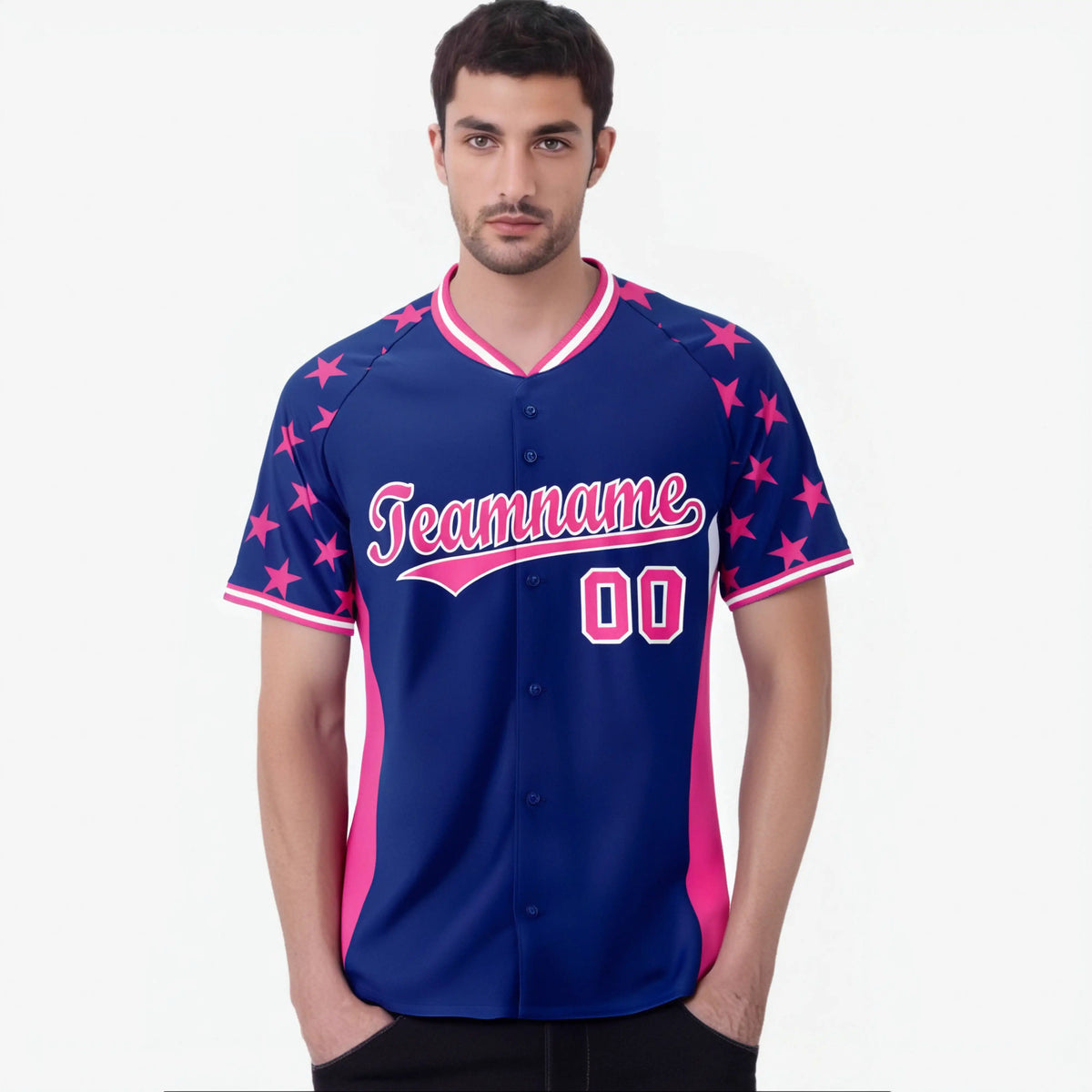Custom Royal Blue Pink Gradient Side Personalized Star Pattern Authentic Baseball Jersey