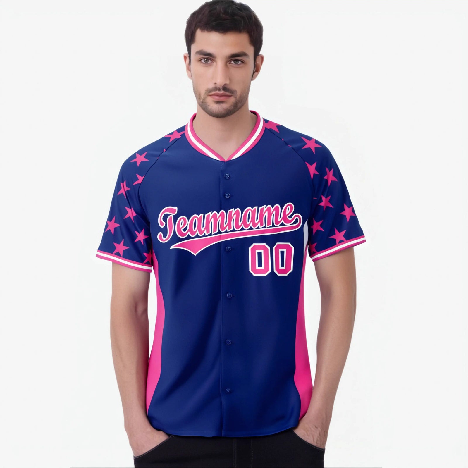 Custom Royal Blue Pink Gradient Side Personalized Star Pattern Authentic Baseball Jersey
