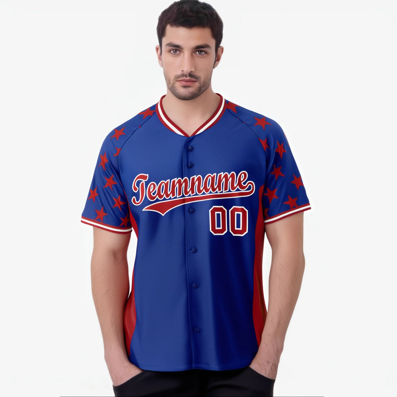 Custom Royal Blue Red Gradient Side Personalized Star Pattern Authentic Baseball Jersey