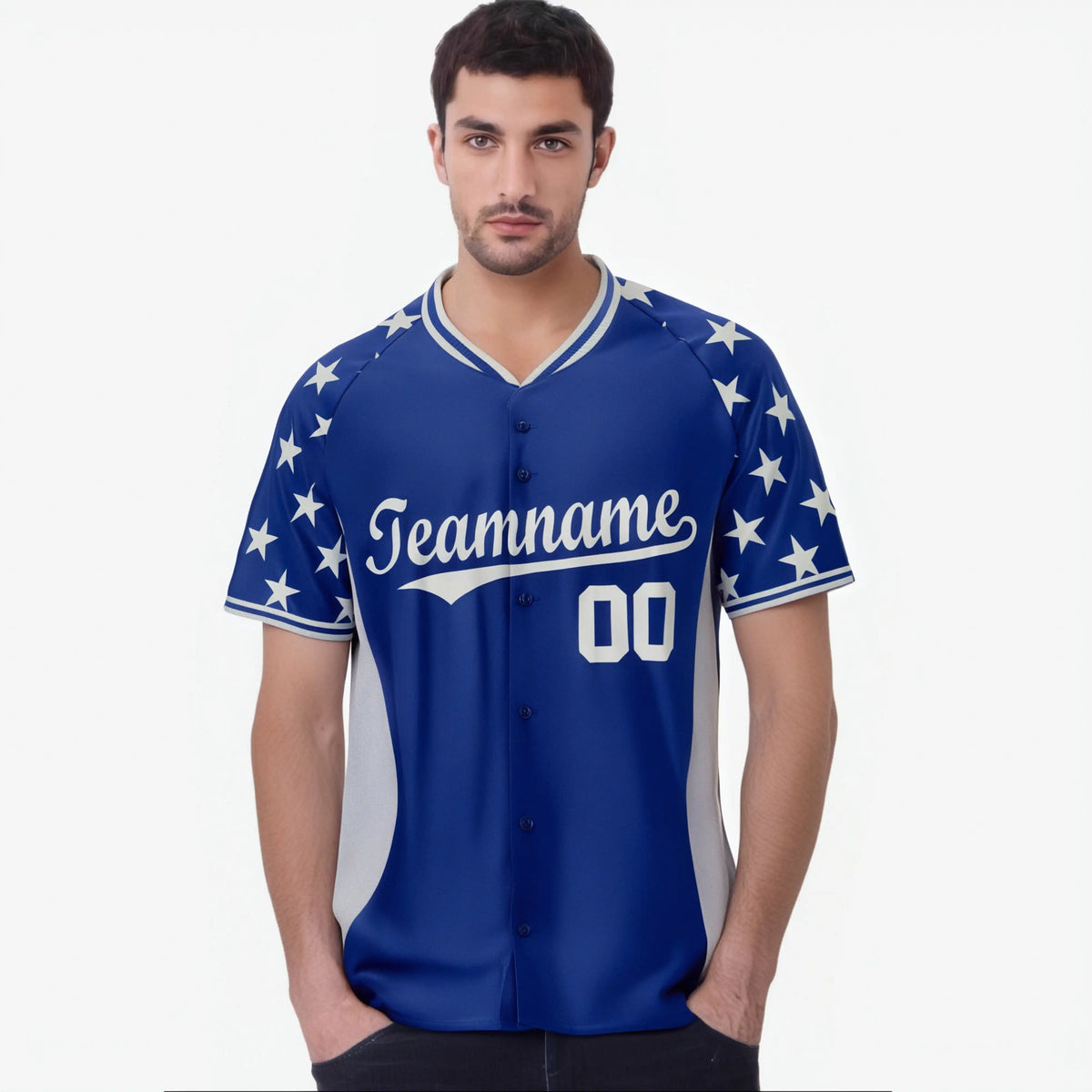 Custom Royal Blue Gray Gradient Side Personalized Star Pattern Authentic Baseball Jersey