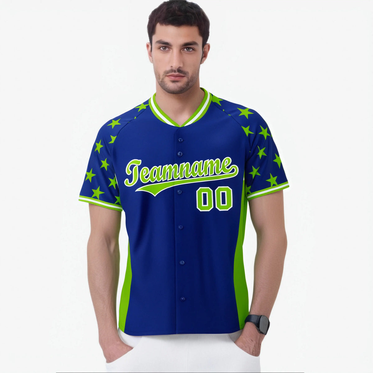 Custom Royal Blue Neon Green Gradient Side Personalized Star Pattern Authentic Baseball Jersey
