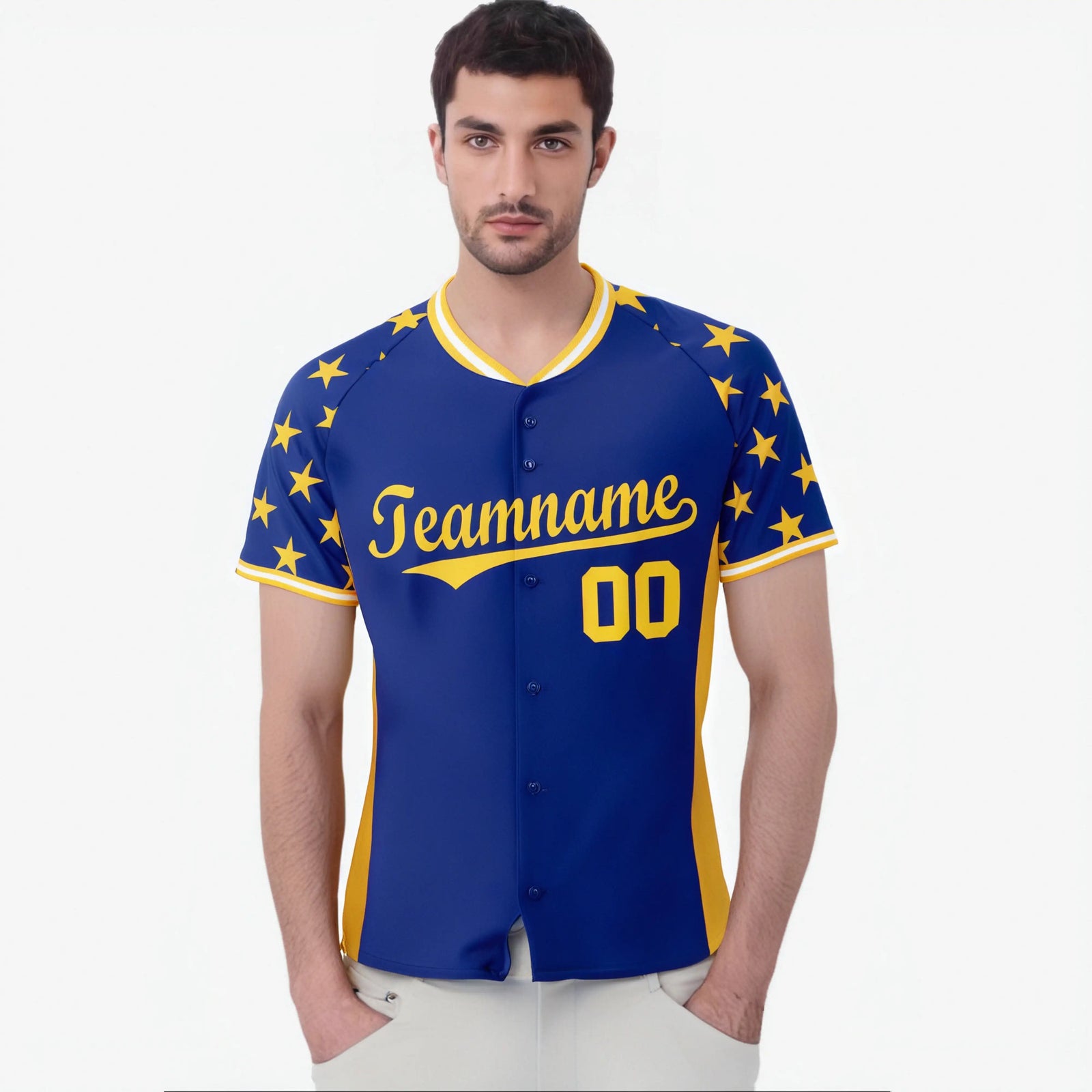 Custom Royal Blue Gold Gradient Side Personalized Star Pattern Authentic Baseball Jersey