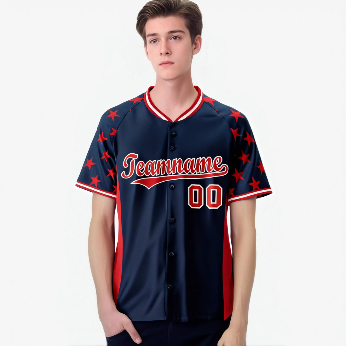 Custom Navy Red Gradient Side Personalized Star Pattern Authentic Baseball Jersey