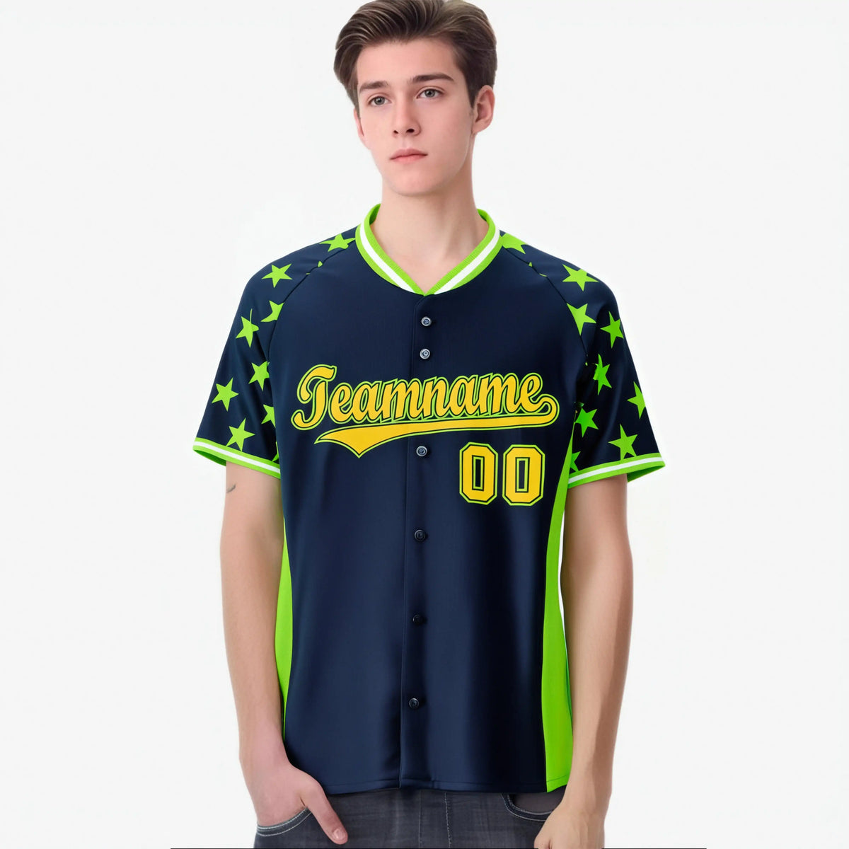 Custom Navy Neon Green Gradient Side Personalized Star Pattern Authentic Baseball Jersey
