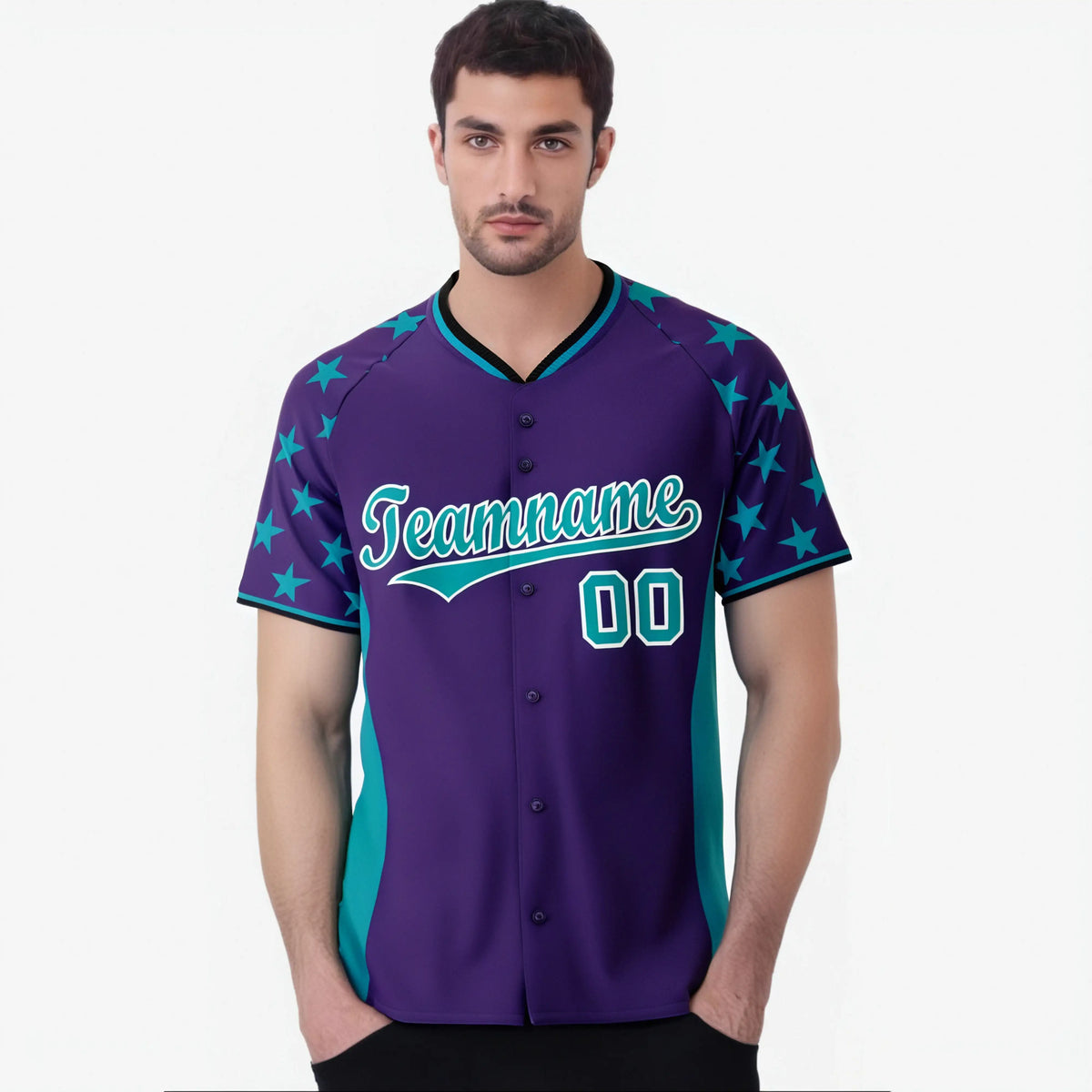 Custom Purple Aqua Gradient Side Personalized Star Pattern Authentic Baseball Jersey