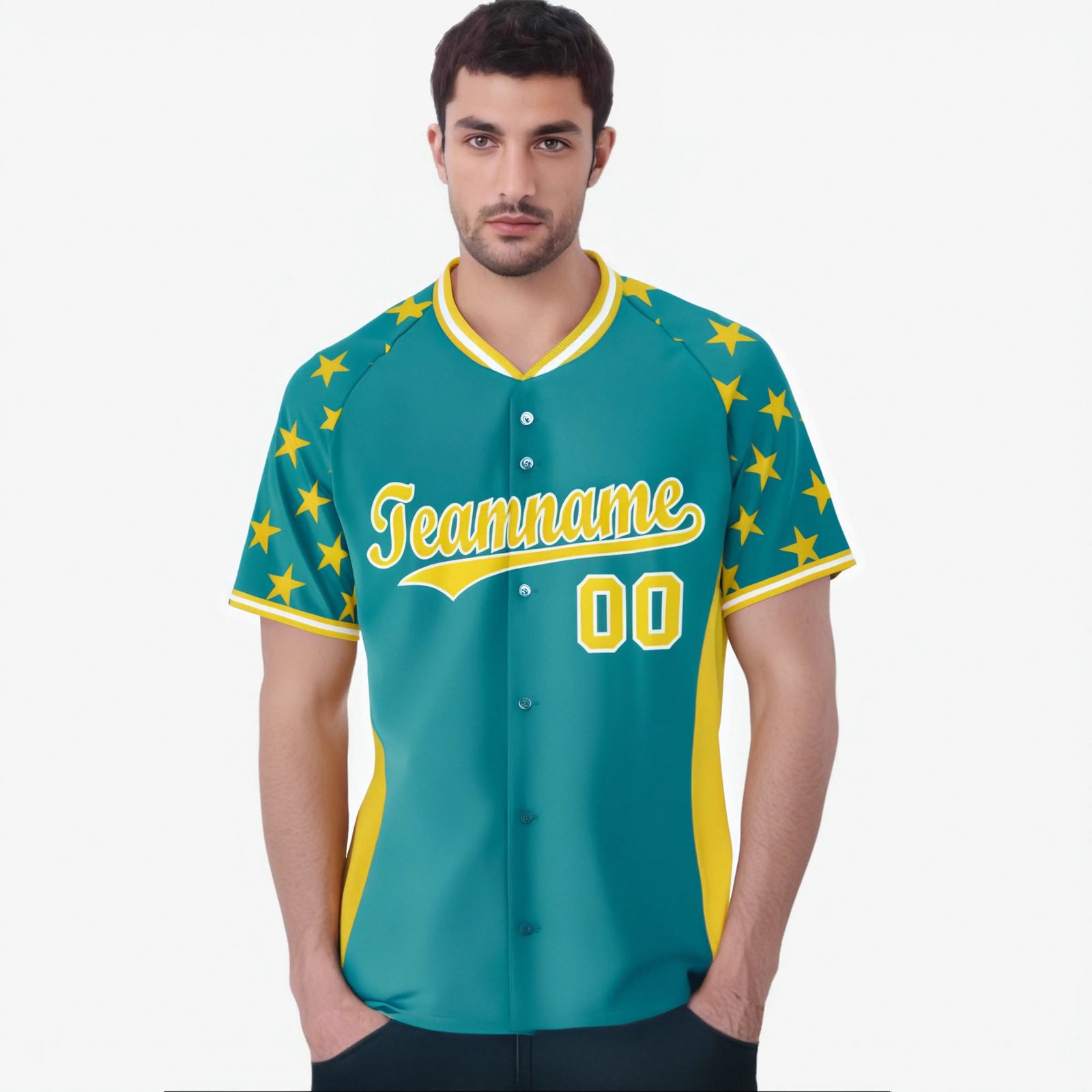 Custom Aqua Gold Gradient Side Personalized Star Pattern Authentic Baseball Jersey