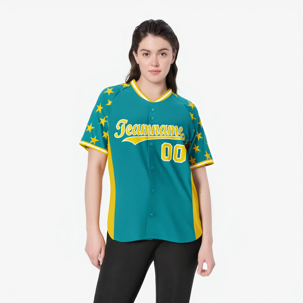 Custom Aqua Gold Gradient Side Personalized Star Pattern Authentic Baseball Jersey