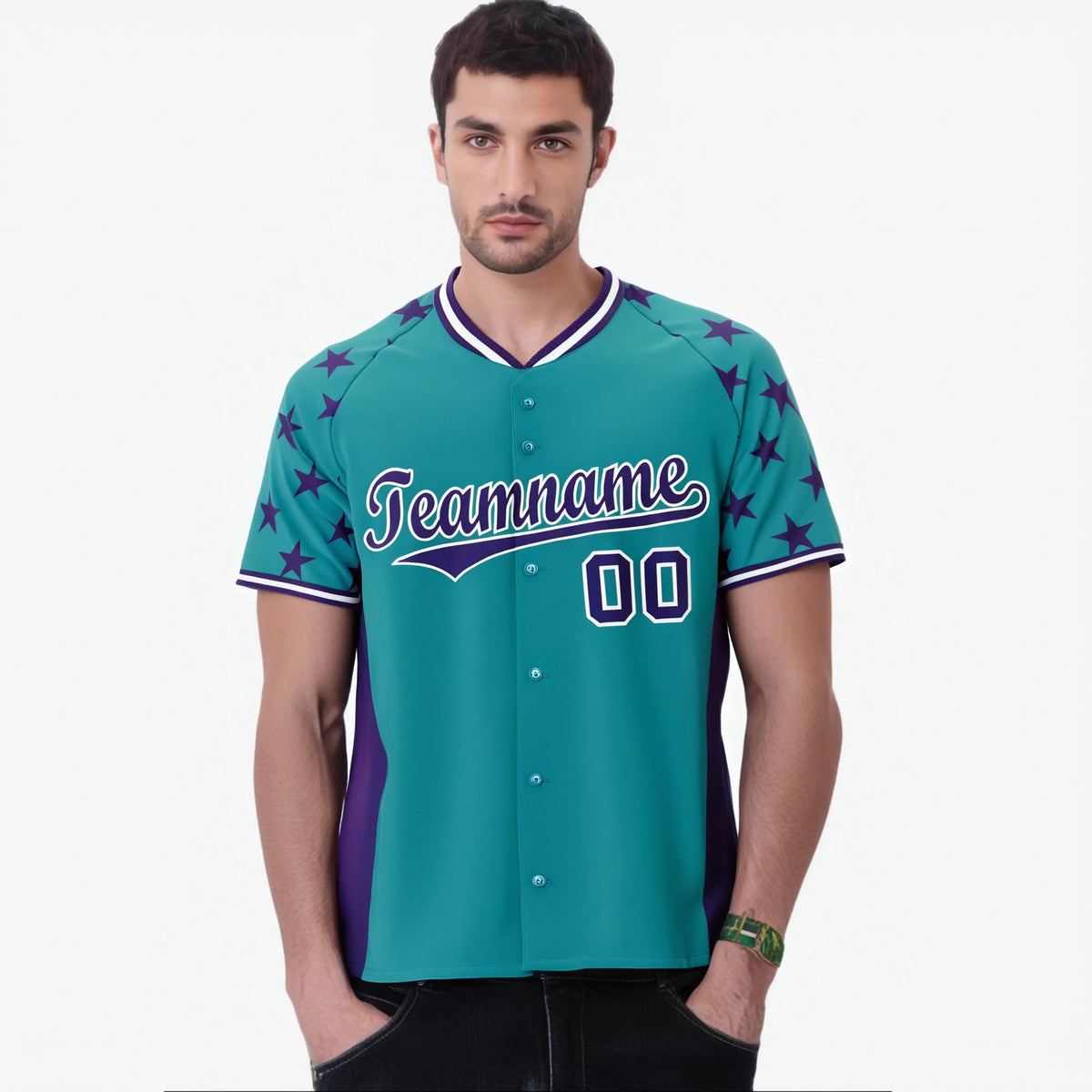 Custom Aqua Purple Gradient Side Personalized Star Pattern Authentic Baseball Jersey