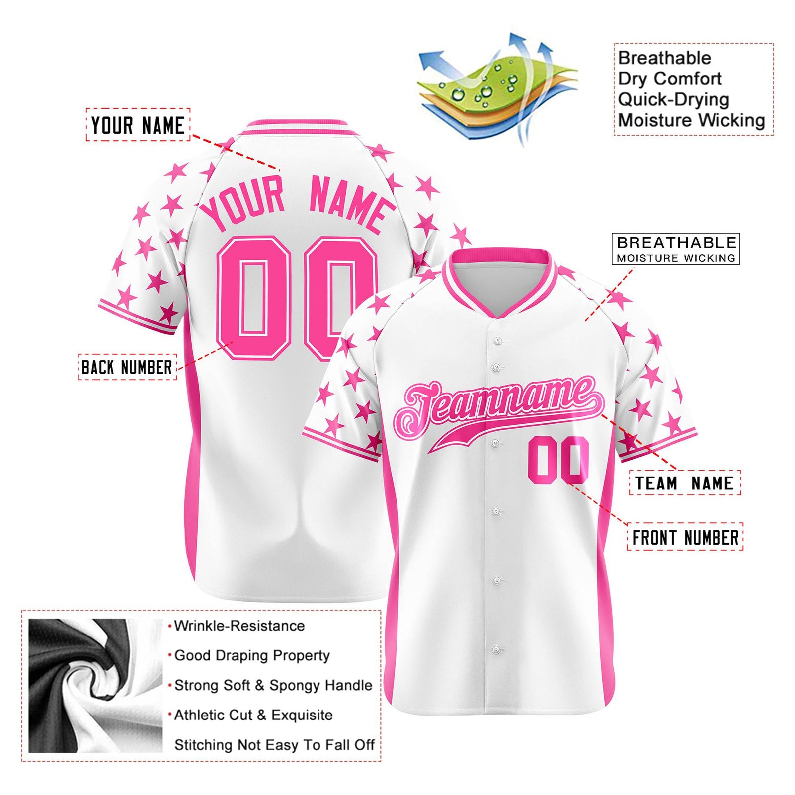 Custom White Pink Gradient Side Personalized Star Pattern Authentic Baseball Jersey