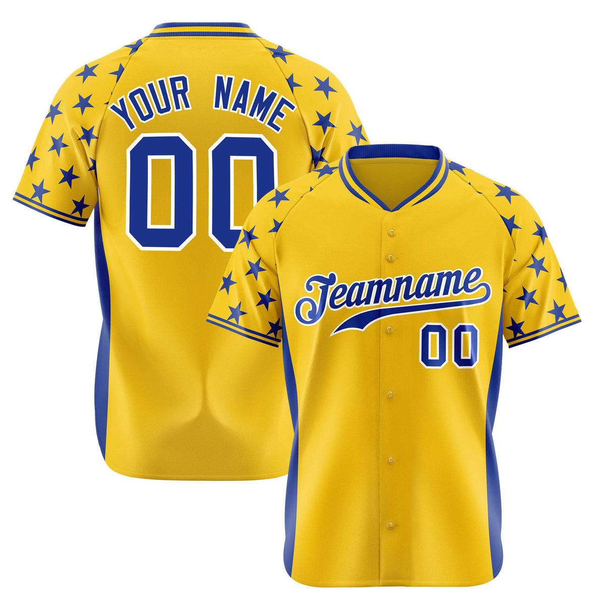 Custom Gold Royal Blue Gradient Side Personalized Star Pattern Authentic Baseball Jersey
