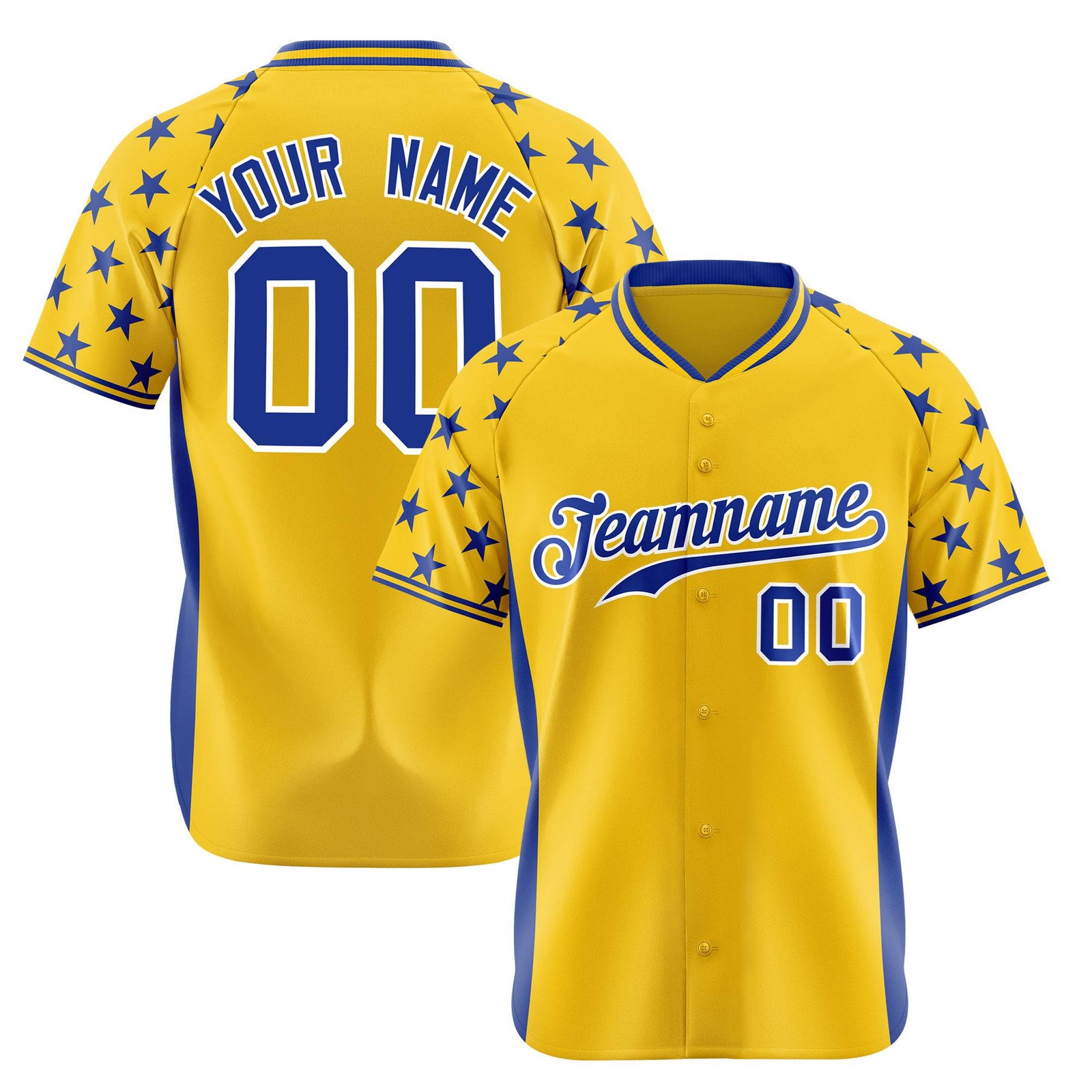 Custom Gold Royal Blue Gradient Side Personalized Star Pattern Authentic Baseball Jersey