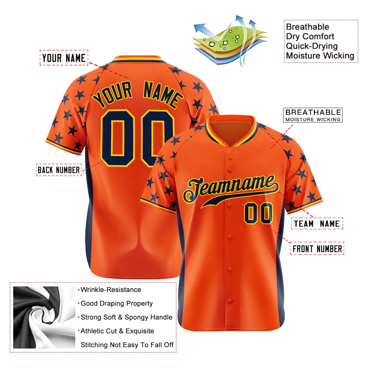 Custom Orange Navy Gradient Side Personalized Star Pattern Authentic Baseball Jersey