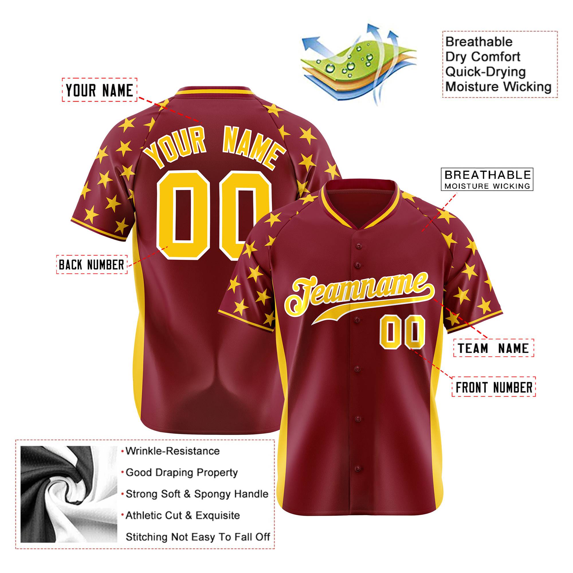 Custom Crimson Gold Gradient Side Personalized Star Pattern Authentic Baseball Jersey