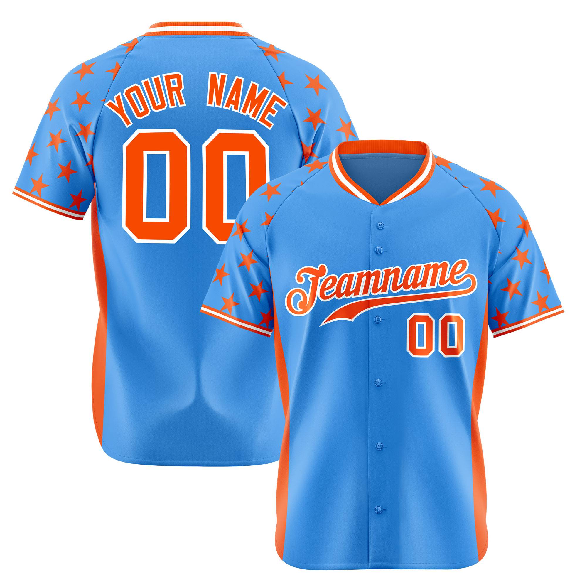 Custom Powder Blue Orange Gradient Side Personalized Star Pattern Authentic Baseball Jersey