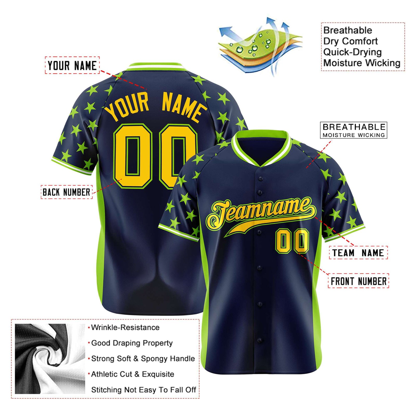 Custom Navy Neon Green Gradient Side Personalized Star Pattern Authentic Baseball Jersey
