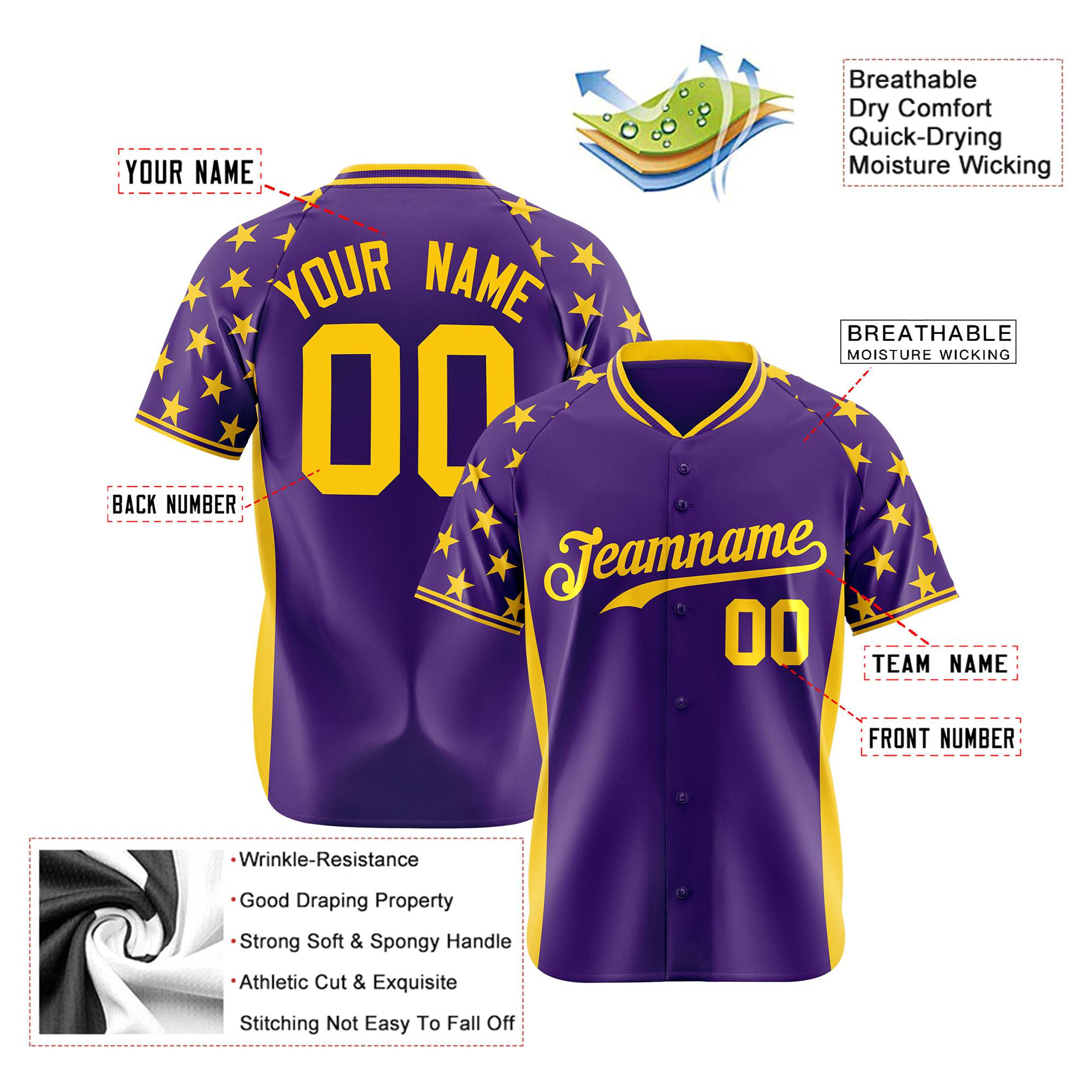 Custom Purple Gold Gradient Side Personalized Star Pattern Authentic Baseball Jersey