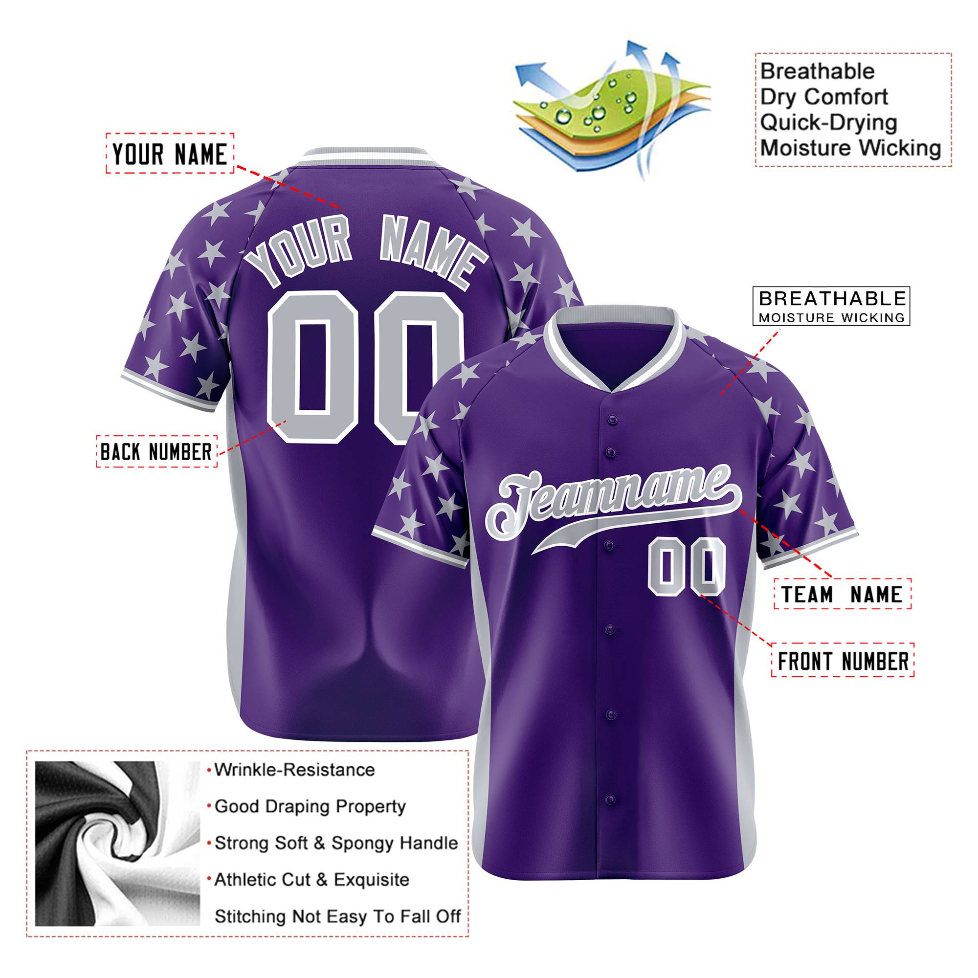 Custom Purple Gray Gradient Side Personalized Star Pattern Authentic Baseball Jersey