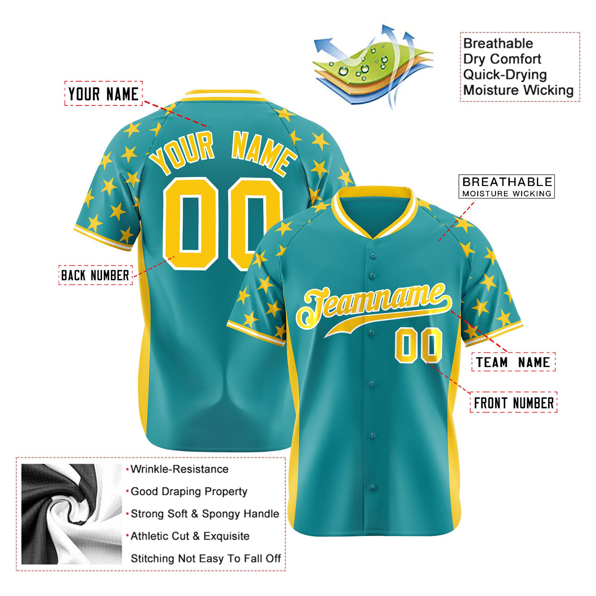 Custom Aqua Gold Gradient Side Personalized Star Pattern Authentic Baseball Jersey