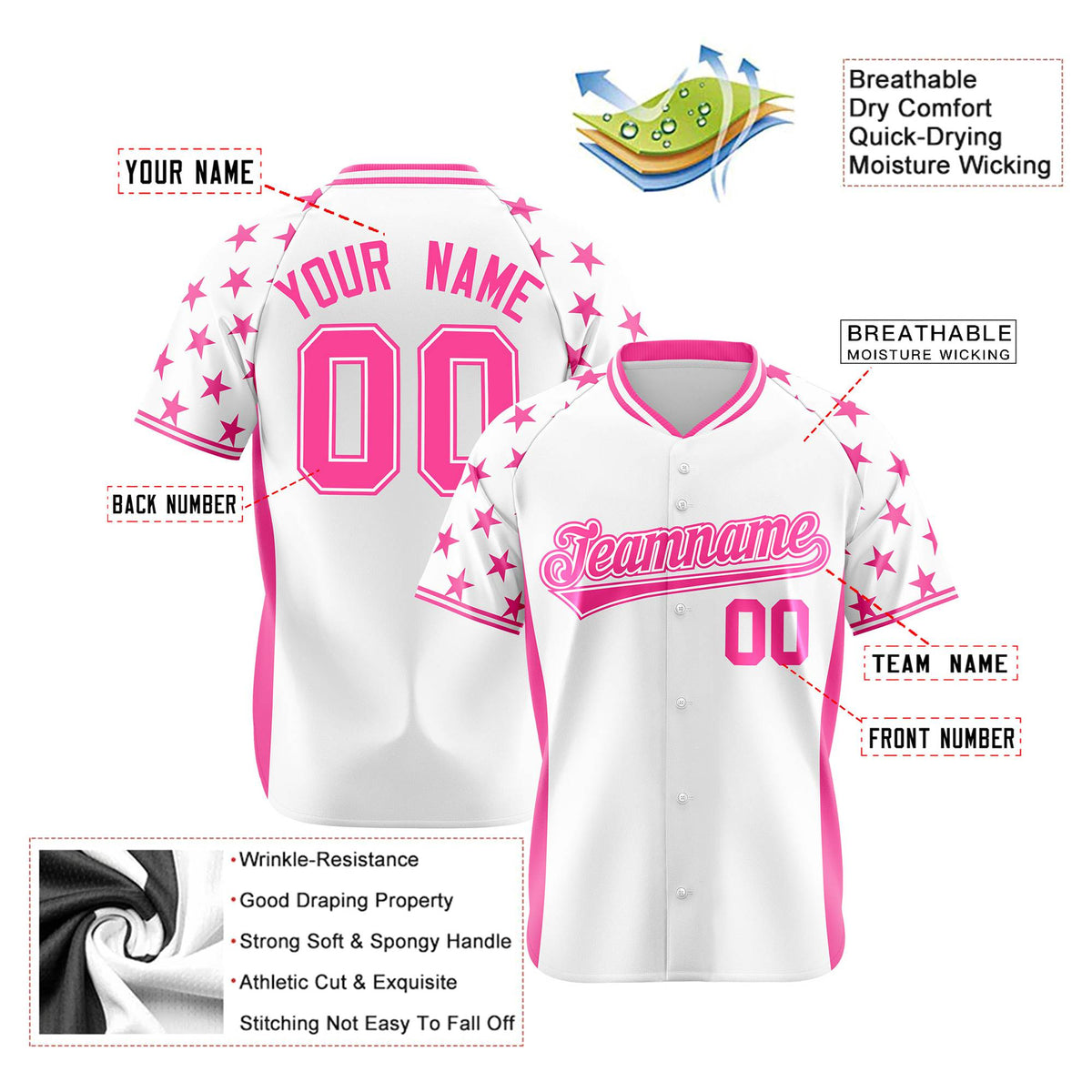Custom White Pink Gradient Side Personalized Star Pattern Authentic Baseball Jersey