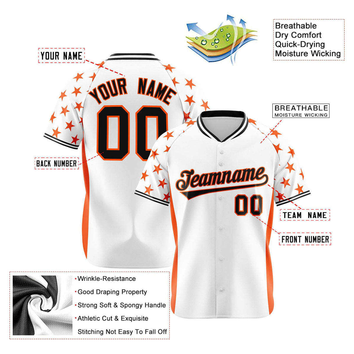 Custom White Orange Gradient Side Personalized Star Pattern Authentic Baseball Jersey