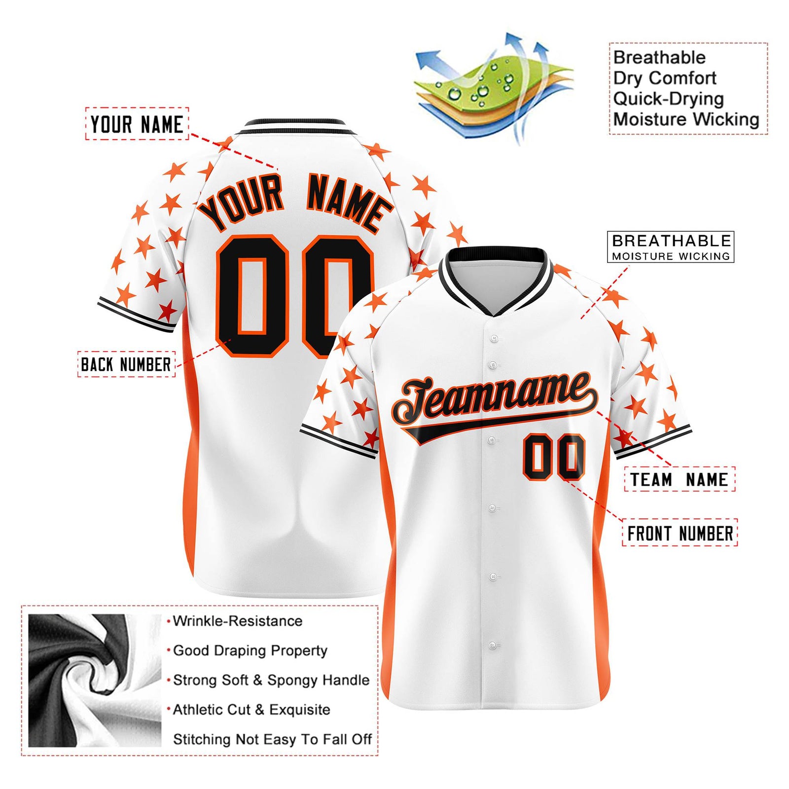Custom White Orange Gradient Side Personalized Star Pattern Authentic Baseball Jersey